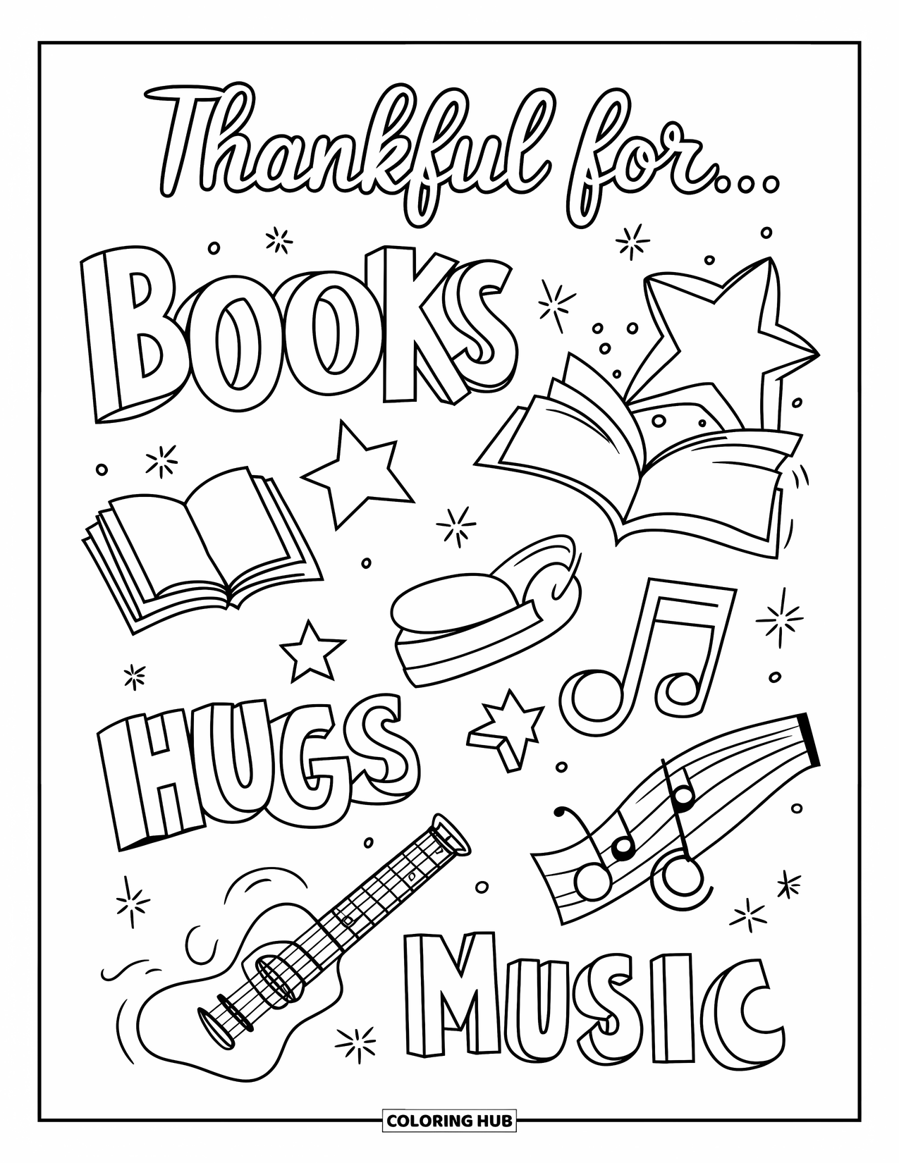 Gratitude Coloring Page for Kids: "Thankful For " with cute floating icons like books, stars, hugs, and music