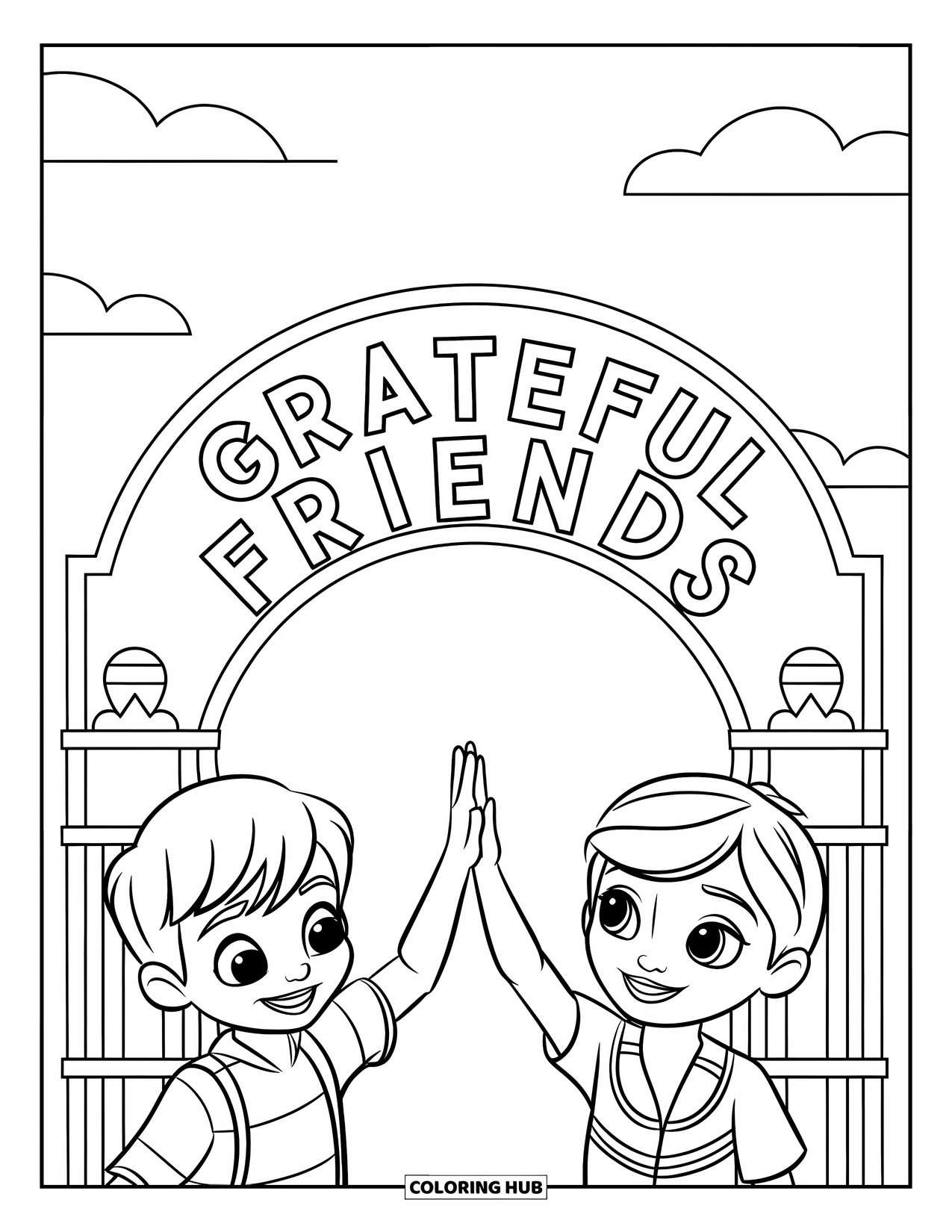 Gratitude Coloring Page for Kids: Two happy kids share a high-five under a "Grateful Friends" arch with clouds above