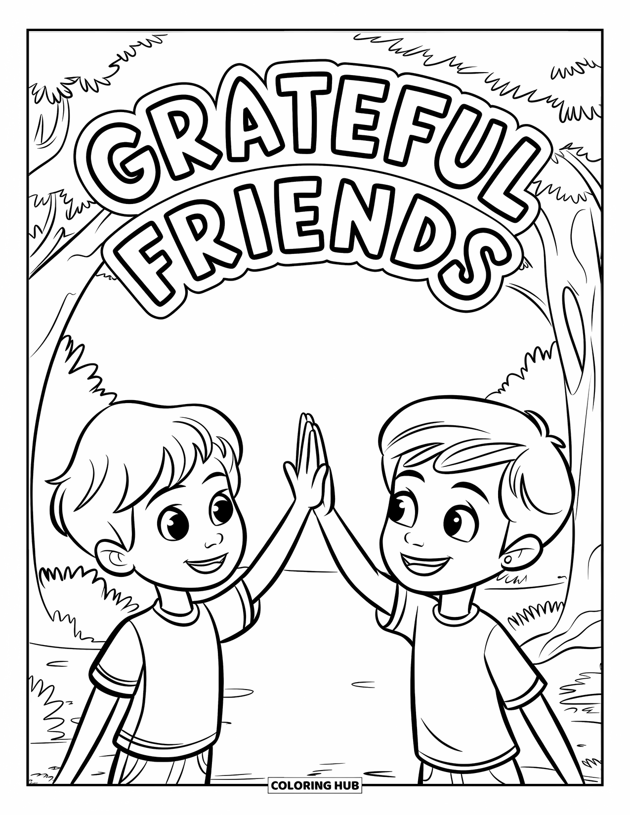 Gratitude Coloring Page for Kids: Two kids high-five under a "Grateful Friends" arch in a playful scene