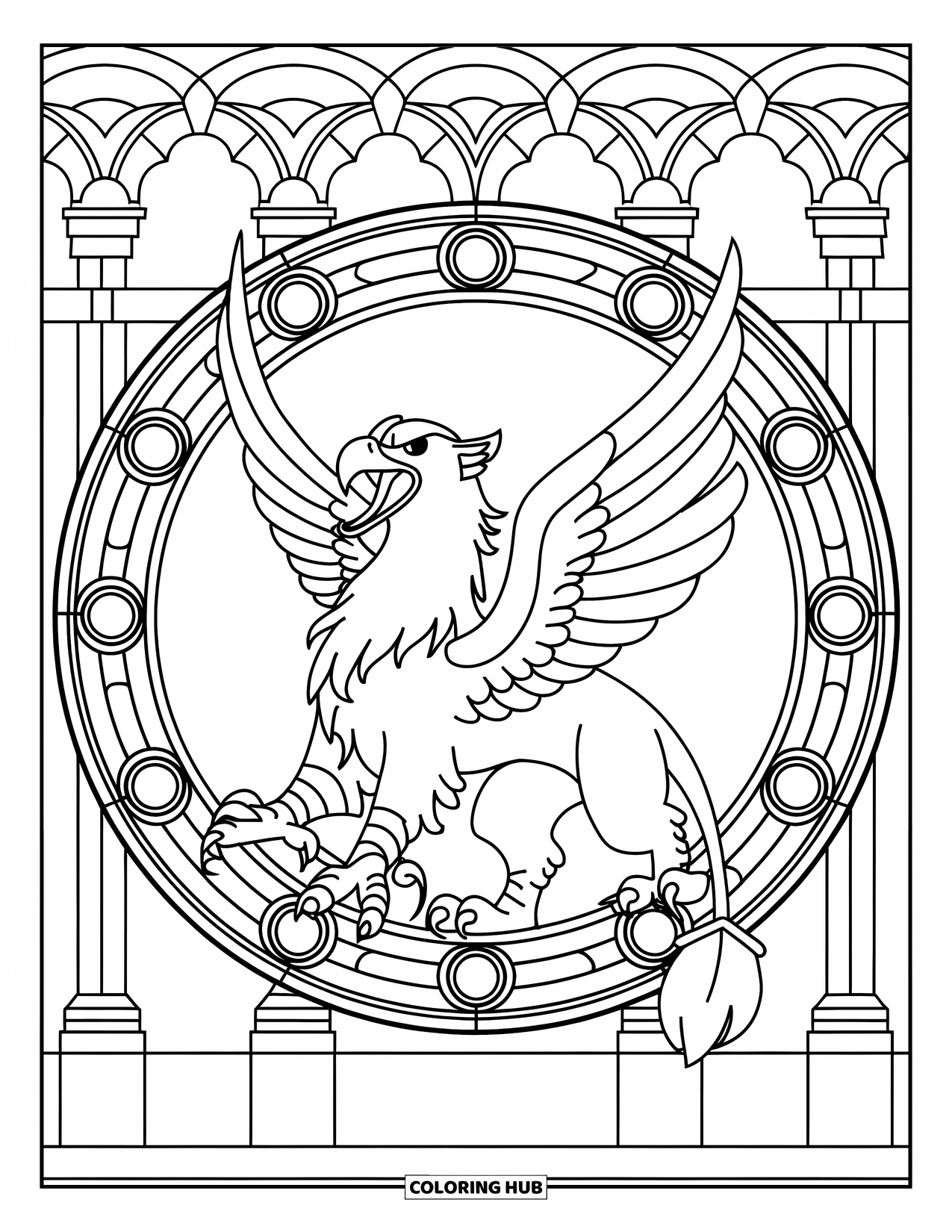 Griffin Coloring Page for Adults: A fierce griffin roars inside a stained glass circle framed by arches and pillars