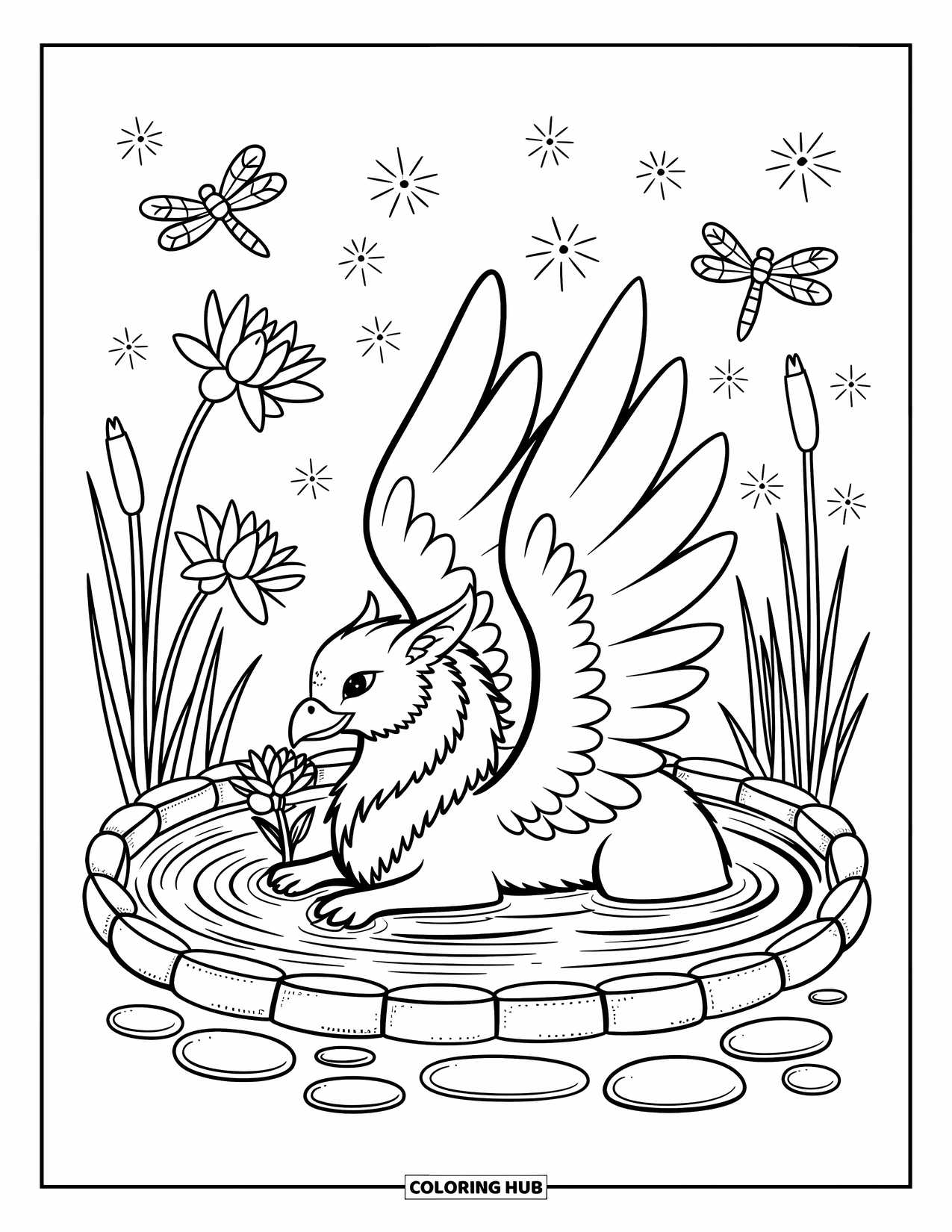Griffin Coloring Page for Adults: A gentle griffin relaxes in a spring of whispers, encircled by soft flowers and light