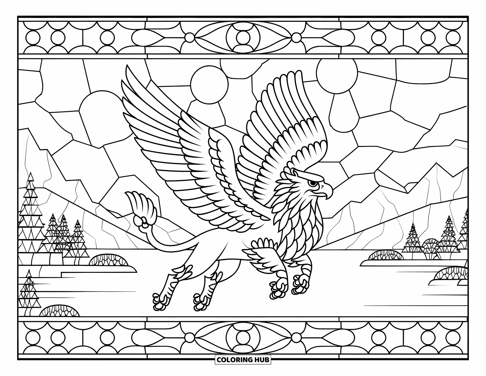 Griffin Coloring Page for Adults: A griffin flies through stained glass borders above mountains and a calm lake