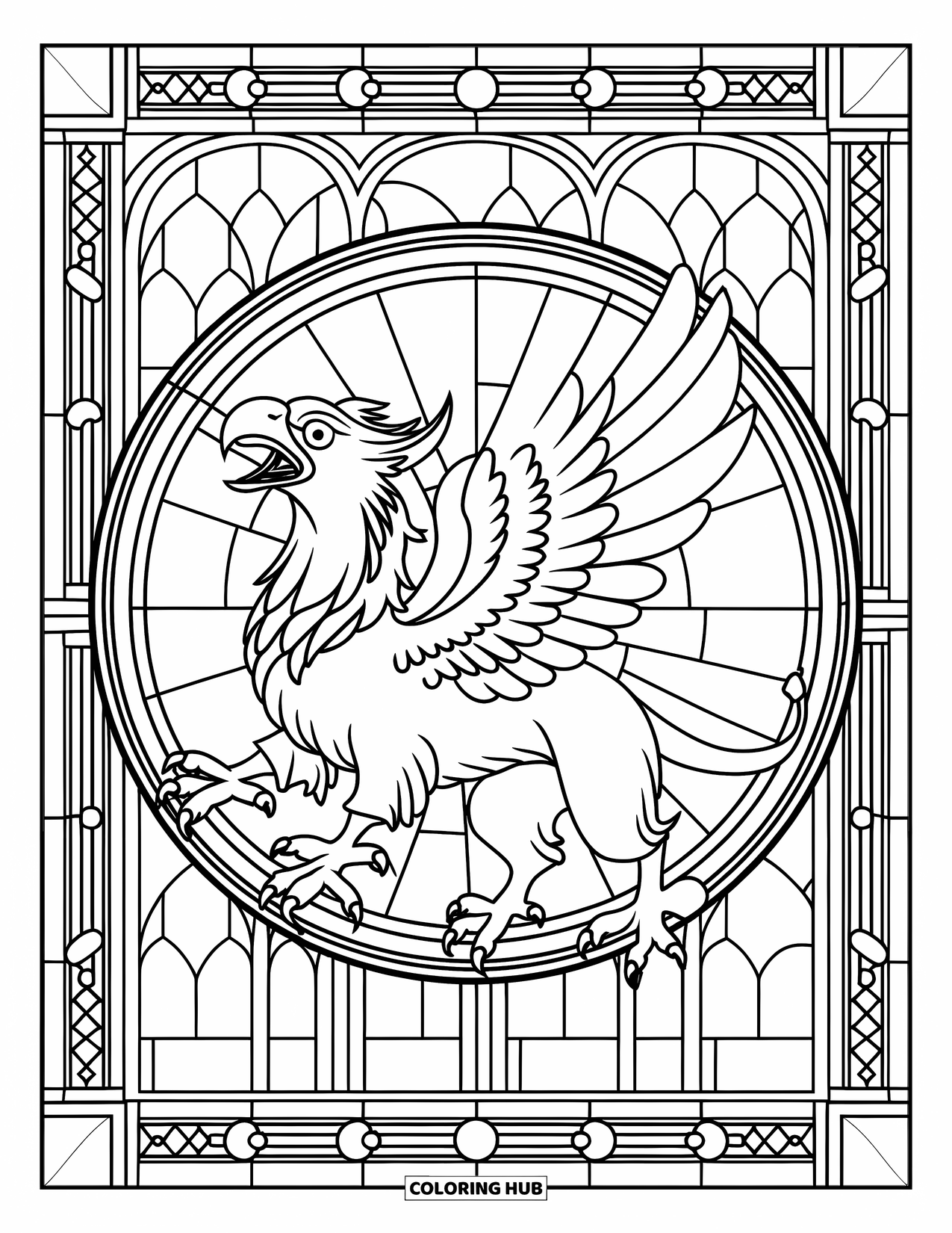 Griffin Coloring Page for Adults: A griffin roars from the center of a stained glass circle with medieval borders