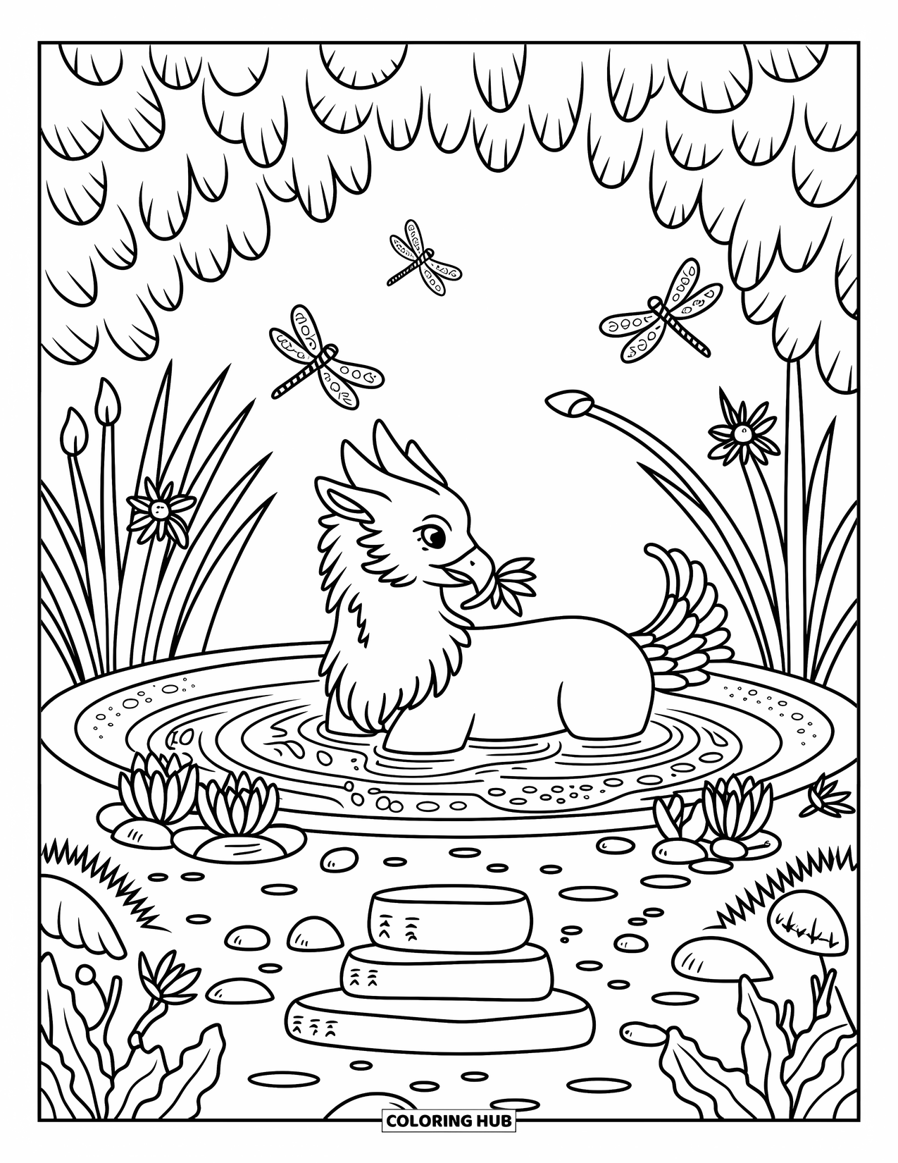 Griffin Coloring Page for Adults: A majestic griffin bathes in a crystal spring holding a flower, surrounded by lily songs