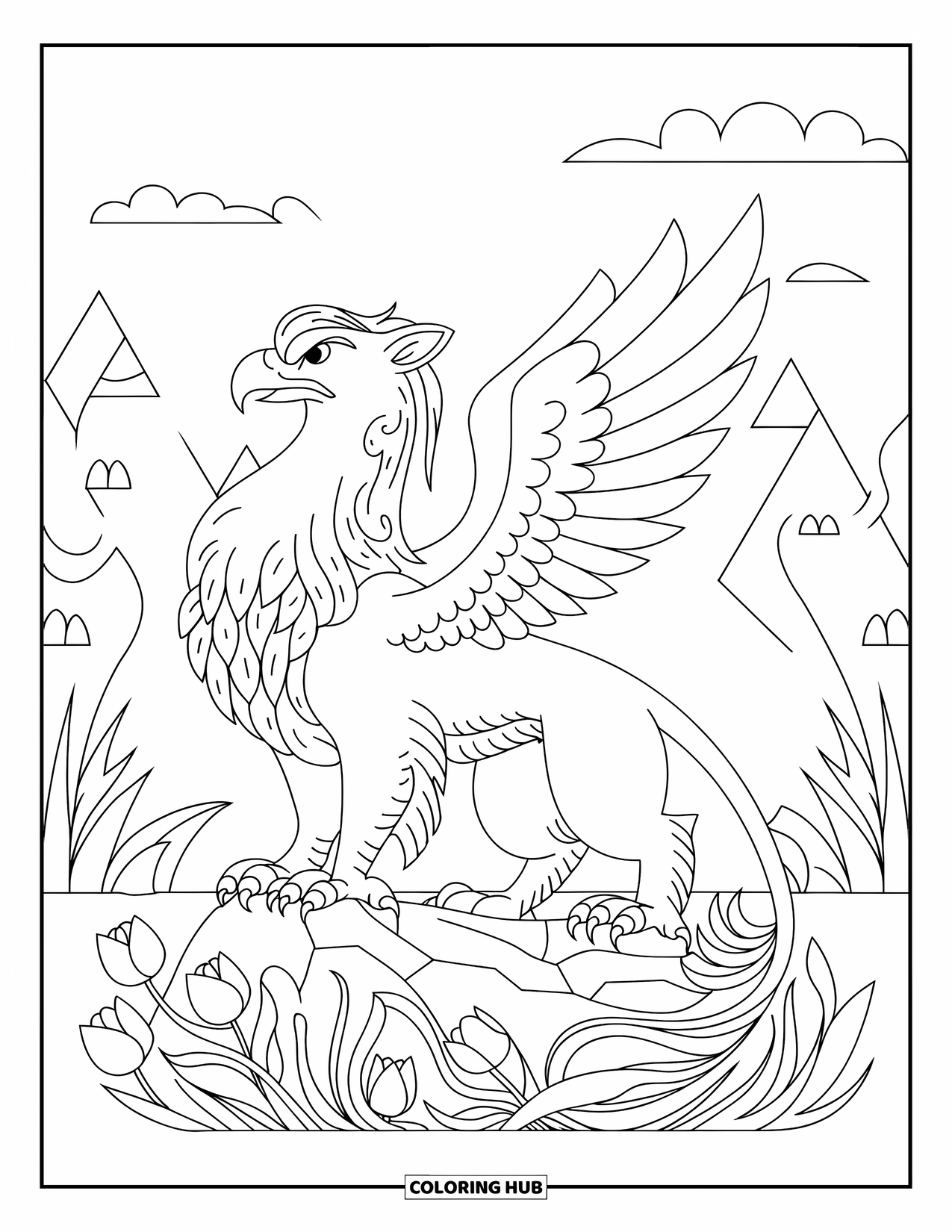 Griffin Coloring Page for Adults: A majestic griffin stands on stone surrounded by vines, tulips, and distant mountains