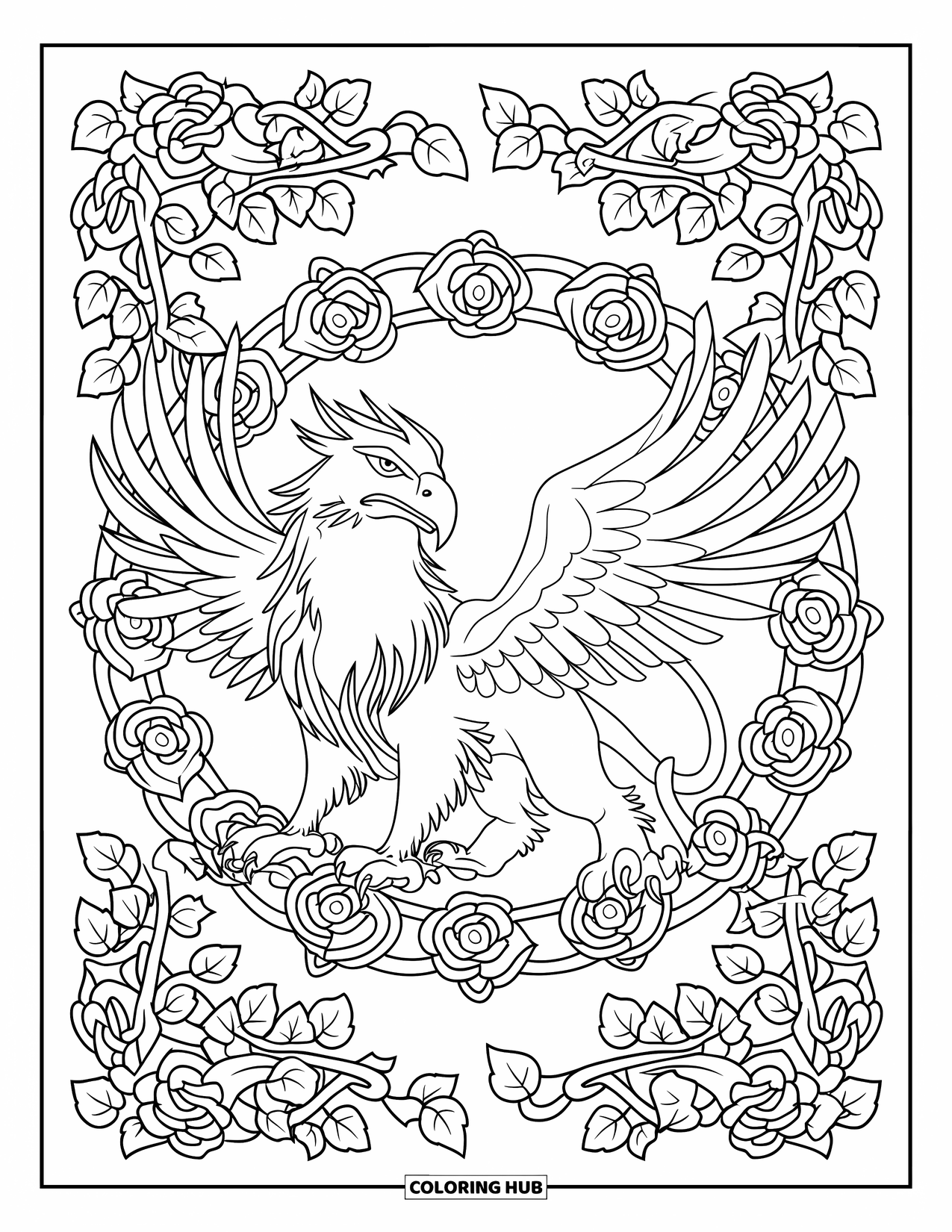 Griffin Coloring Page for Adults: A majestic griffin stands surrounded by ivy and rose mandalas