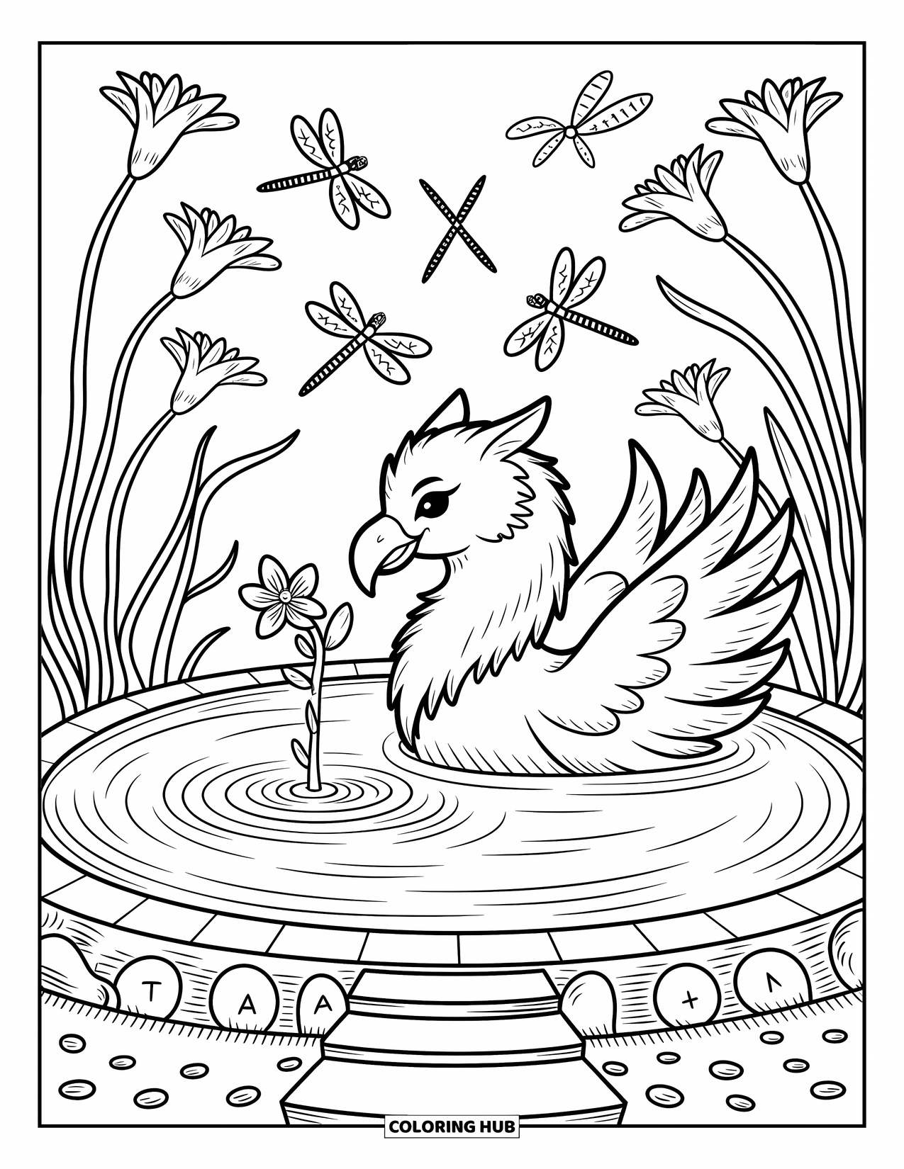 Griffin Coloring Page for Adults: A peaceful griffin rests in a glowing pool with flowers, dragonflies, and sacred stones