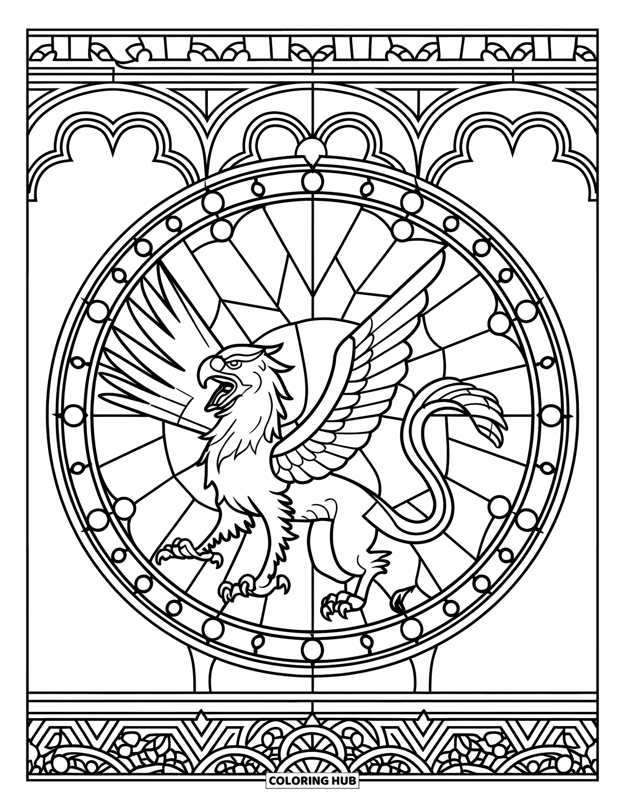 Griffin Coloring Page for Adults: A roaring griffin appears in the center of a stained glass circle with arches