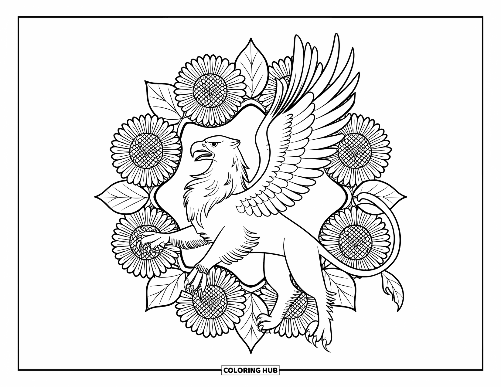 Griffin Coloring Page for Adults: A roaring griffin stands tall among sunflower and oak leaf mandalas