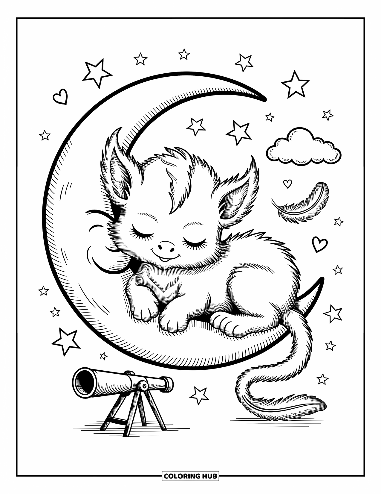 Griffin Coloring Page for Adults: A sleepy baby griffin curls into a glowing moon with stars, clouds, and feathers nearby