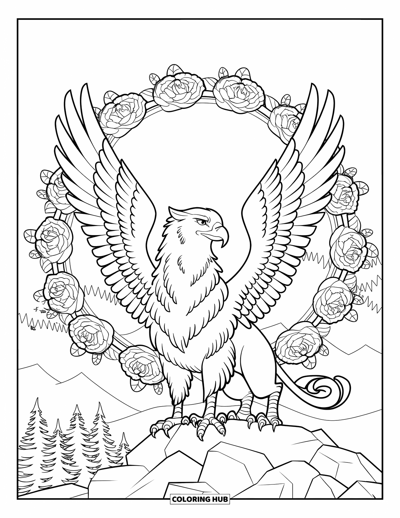 Griffin Coloring Page for Adults: A winged griffin perches on rocks with ivy and roses all around