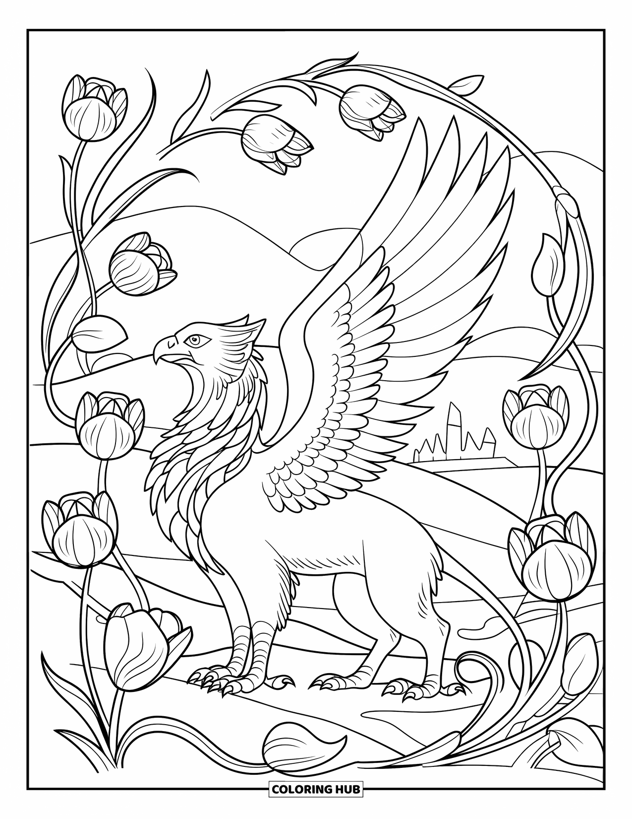 Griffin Coloring Page for Adults: A winged griffin stands tall in blooming tulips with a castle on the hill