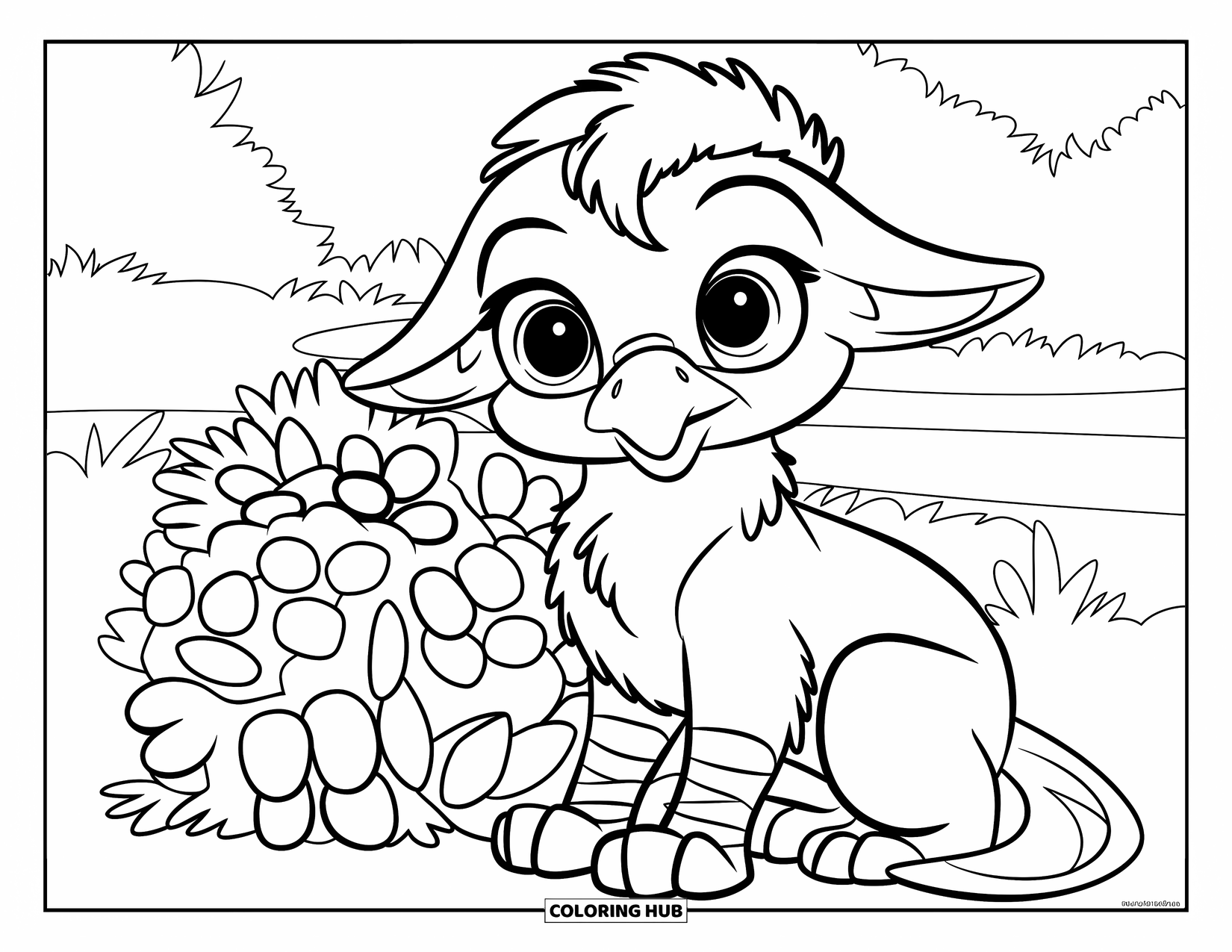 Griffin Coloring Page for Kids: A baby griffin sits happily beside a colorful flower bush
