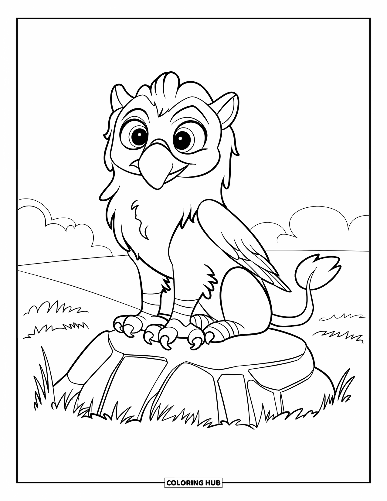 Griffin Coloring Page for Kids: A cheerful griffin perches on a rock in a wide open green field
