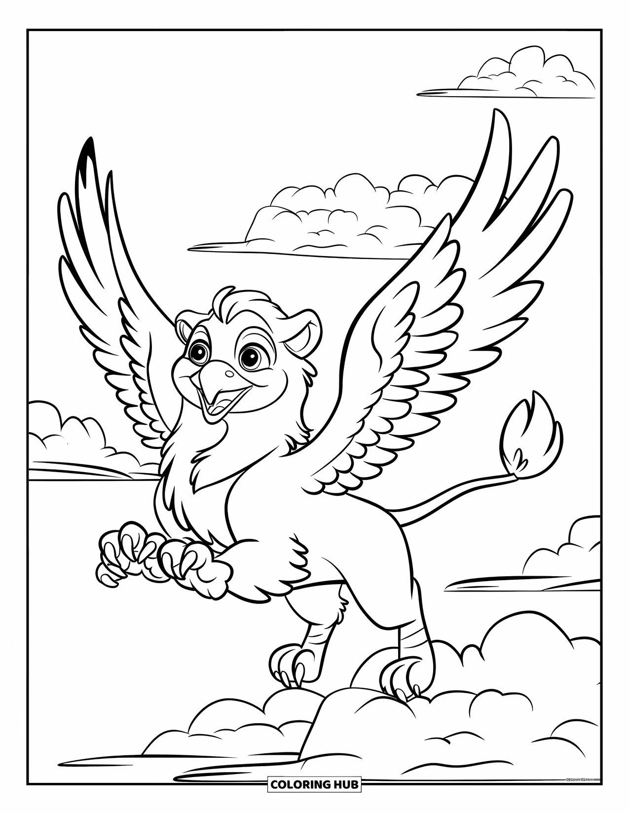 Griffin Coloring Page for Kids: A cheerful griffin soars through a sky filled with fluffy white clouds