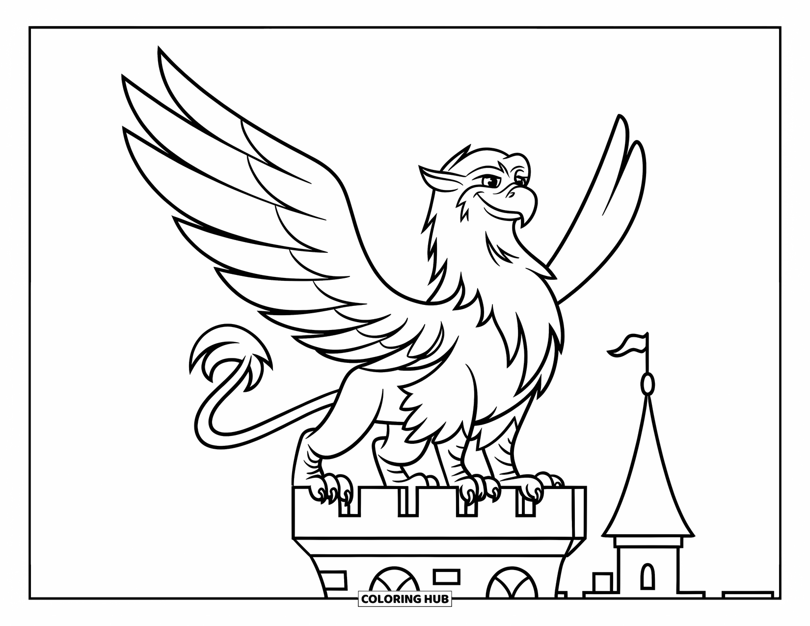 Griffin Coloring Page for Kids: A curled-tailed griffin rests on a tall tower with a moat below