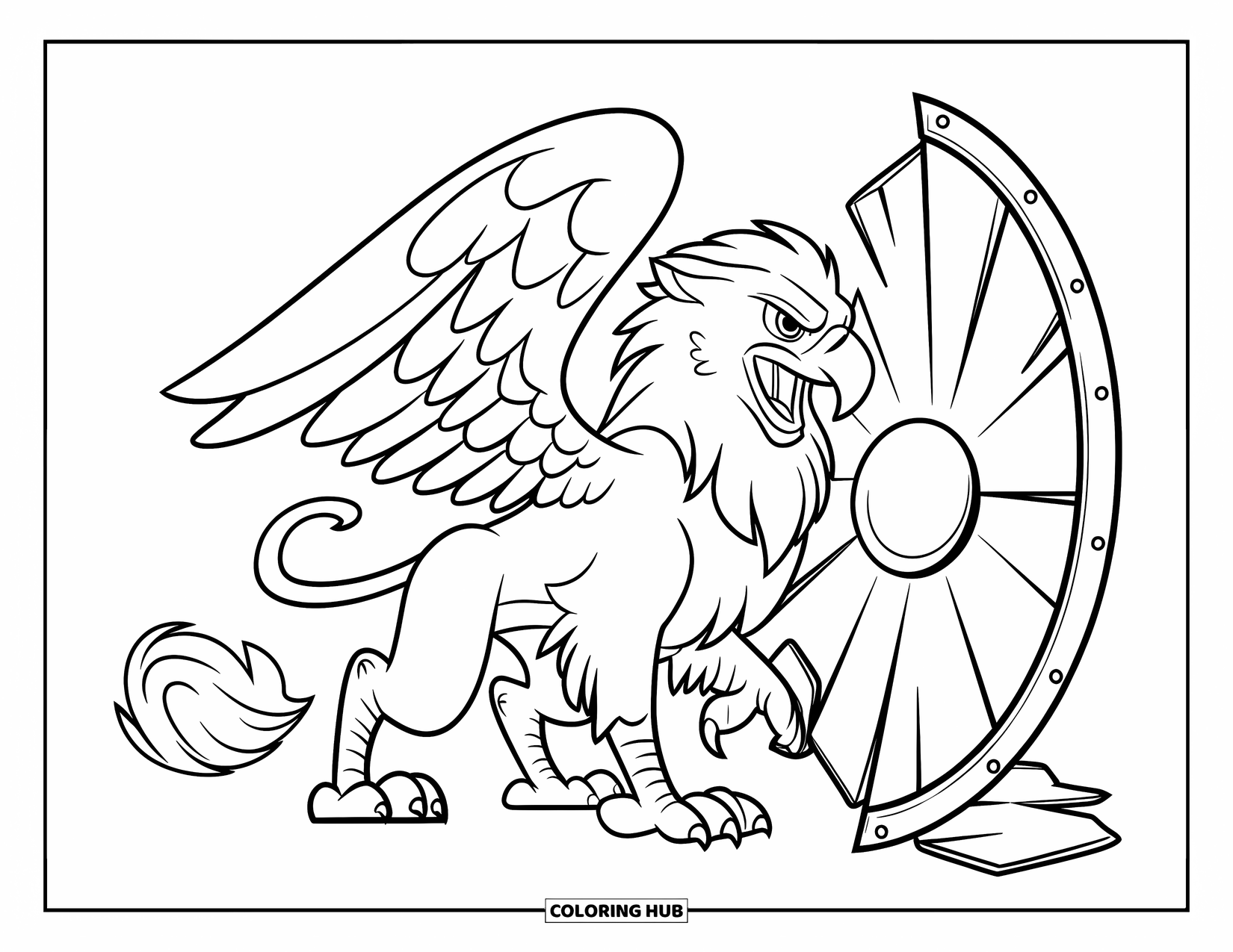 Griffin Coloring Page for Kids: A fierce griffin in battle stance guards a broken shield on a blank background