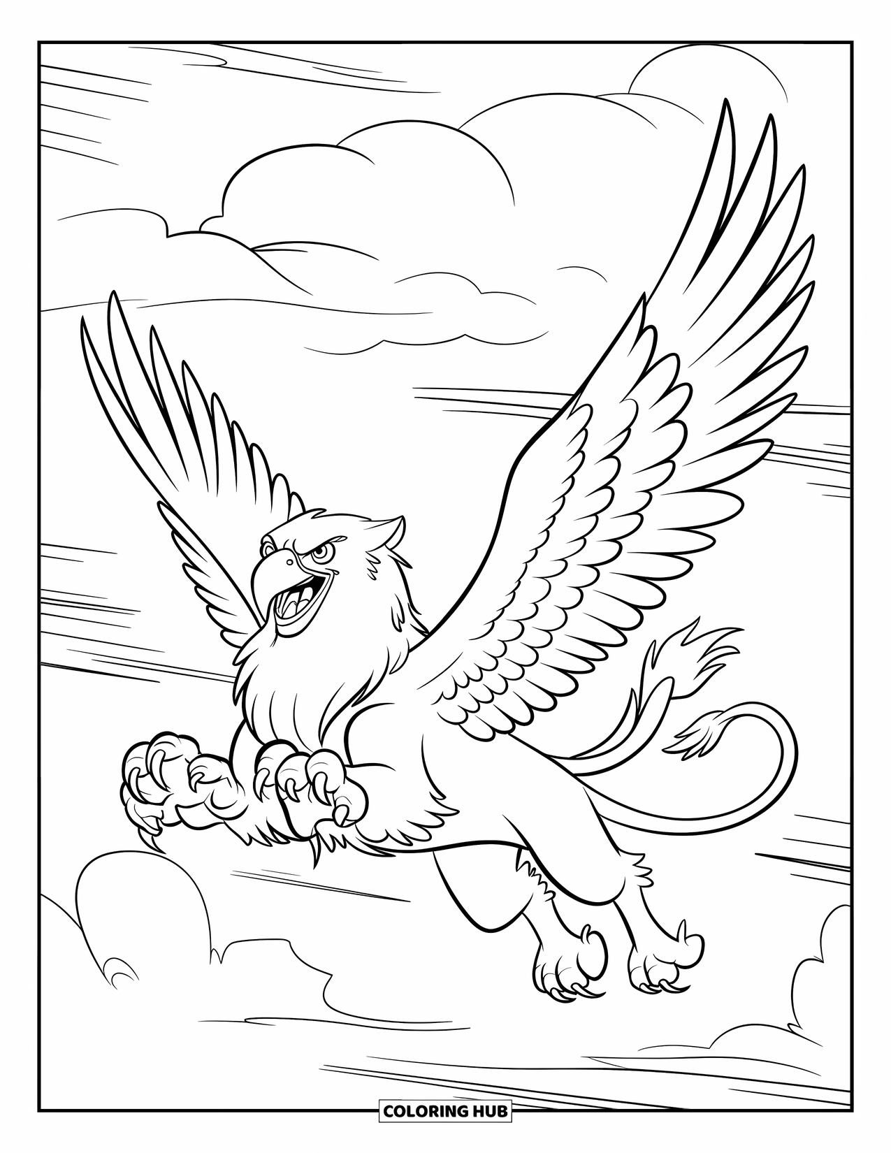 Griffin Coloring Page for Kids: A flying griffin stretches its wings and claws through cloudy skies
