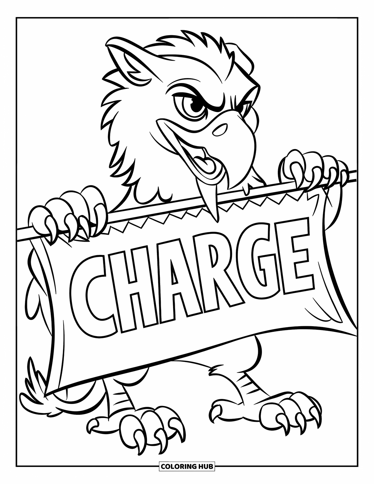 Griffin Coloring Page for Kids: A griffin clutches a banner that reads "Charge" in bold letters