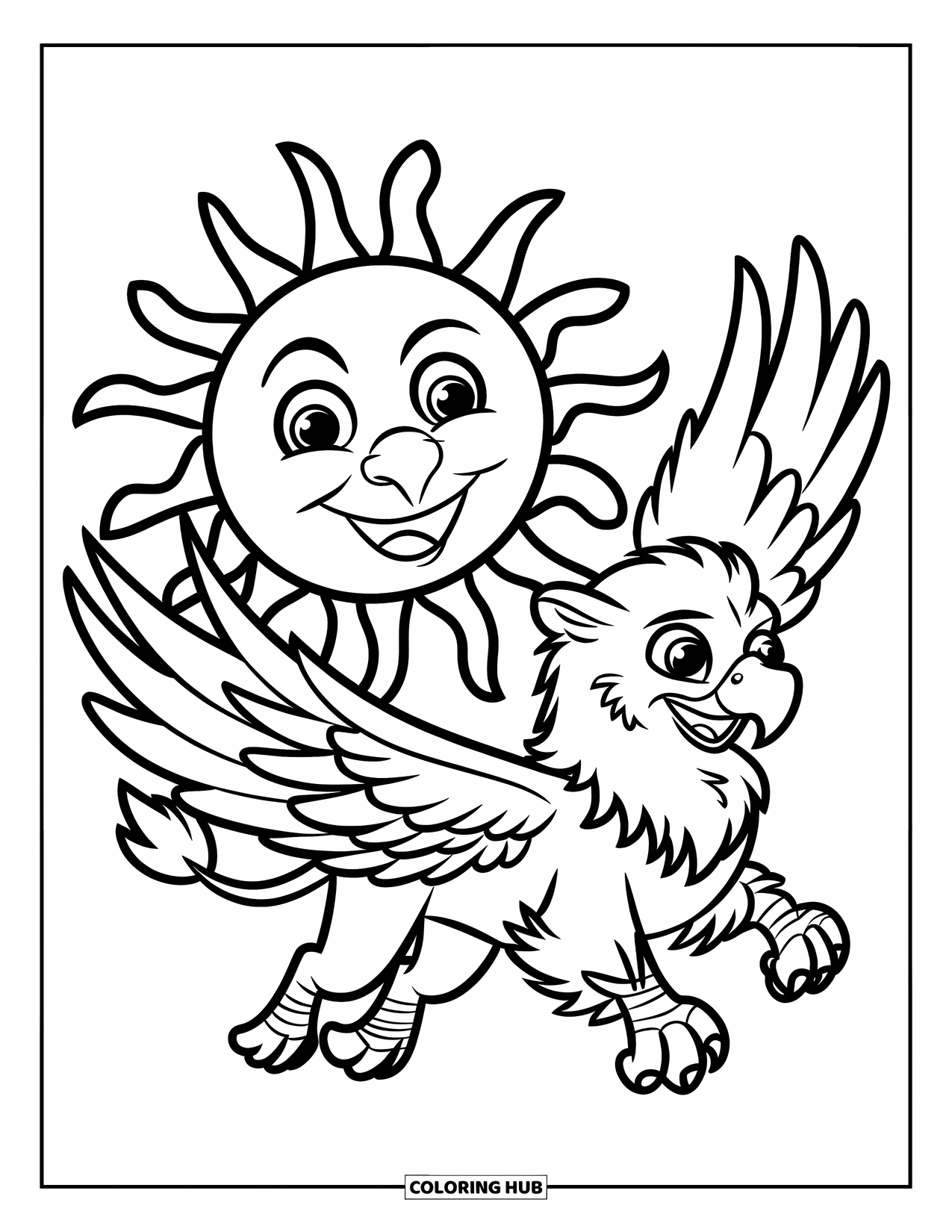 Griffin Coloring Page for Kids: A griffin flies beside a cheerful sun with a big smiling face