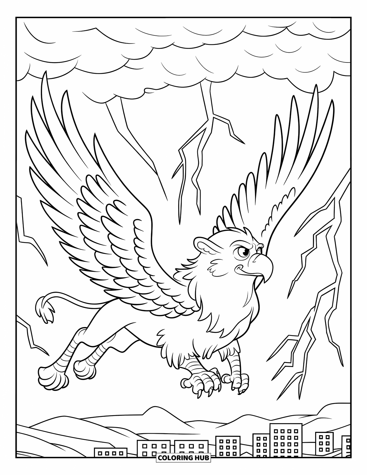 Griffin Coloring Page for Kids: A griffin glides above lightning-lit clouds and buildings