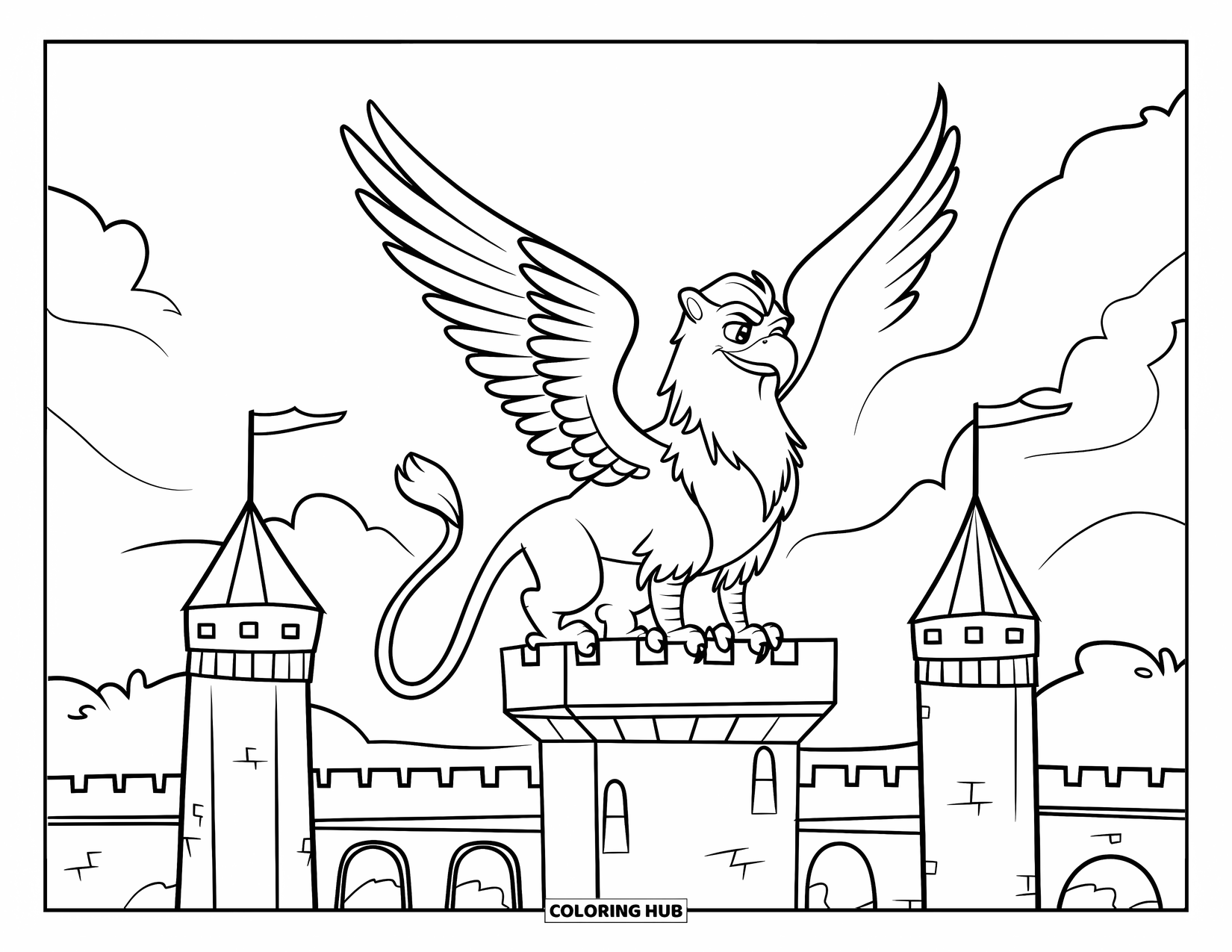 Griffin Coloring Page for Kids: A griffin perches high on a castle tower with clouds behind it
