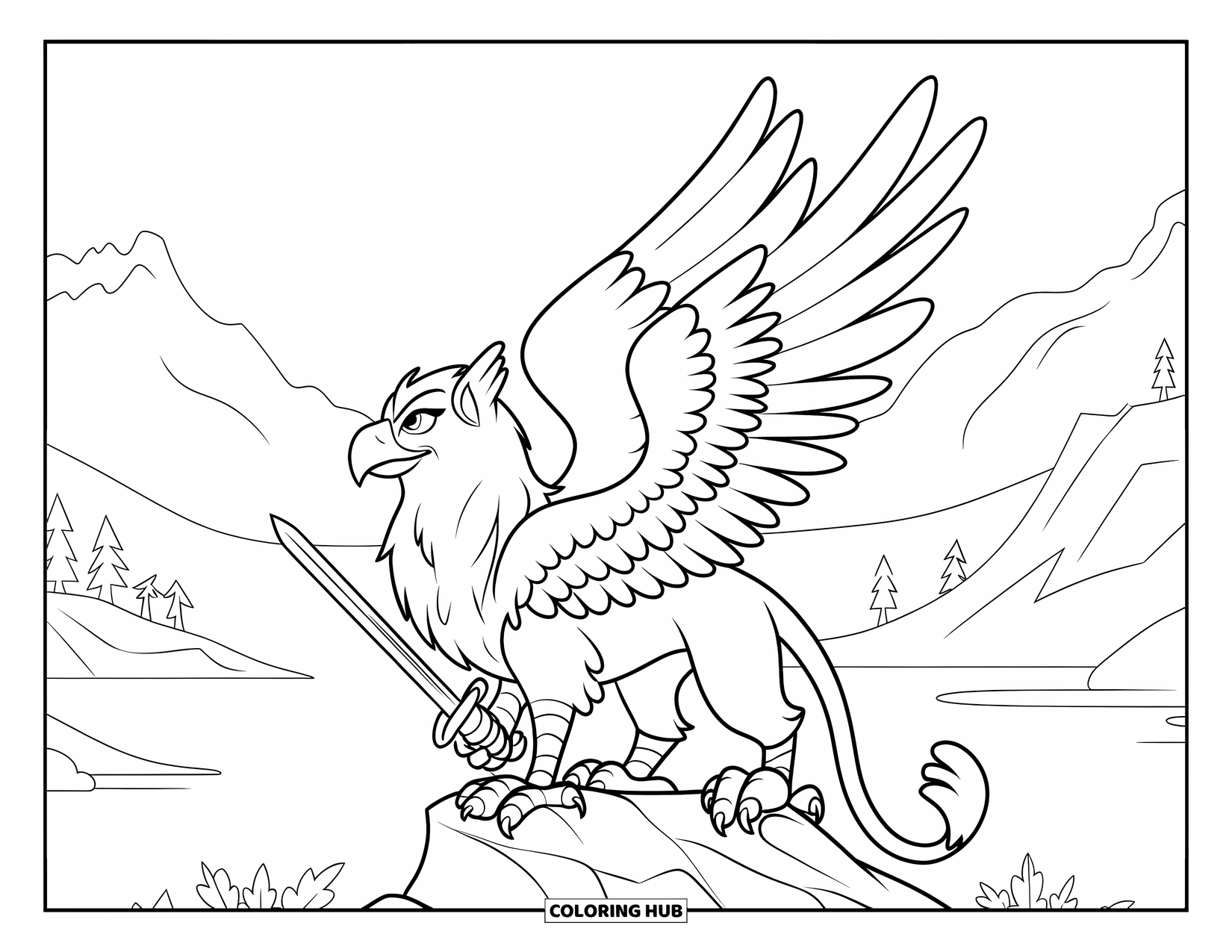 Griffin Coloring Page for Kids: A griffin perches on a rock, clutching a sword with its talons