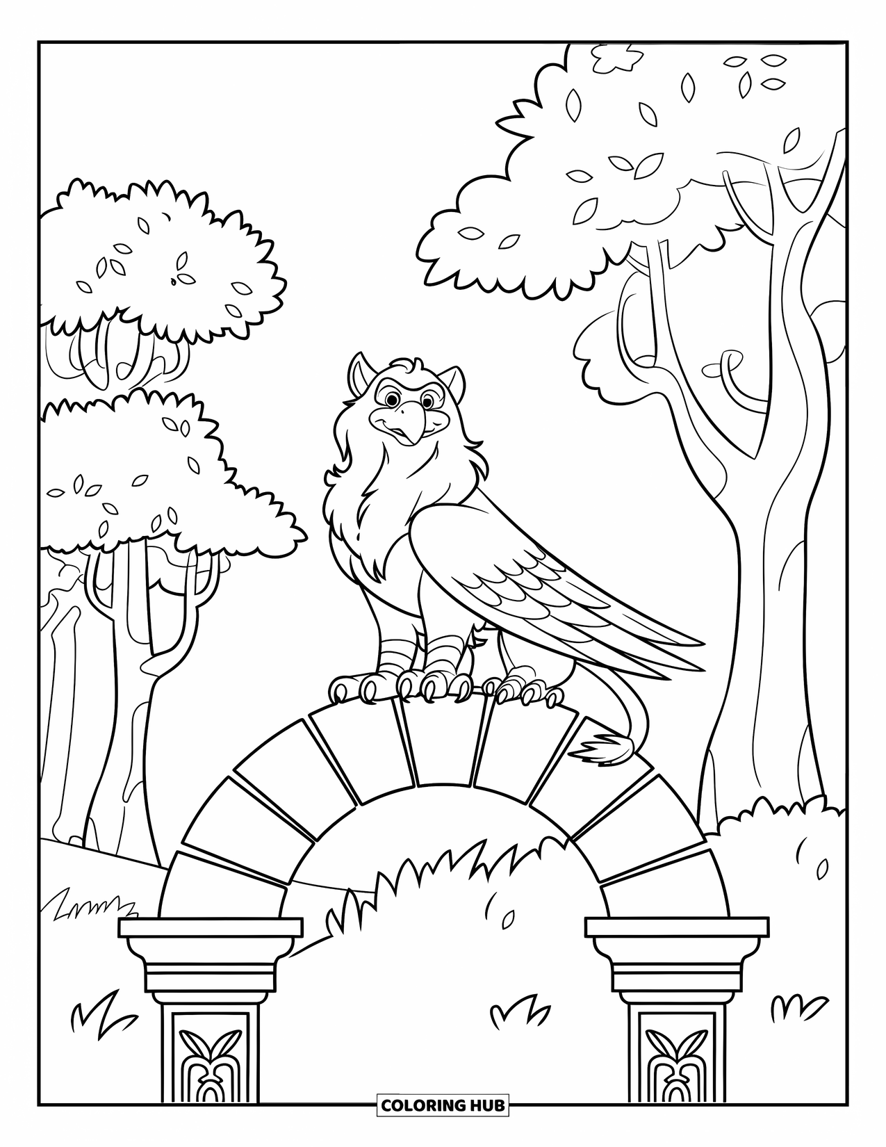 Griffin Coloring Page for Kids: A griffin rests atop a stone arch above forest trees