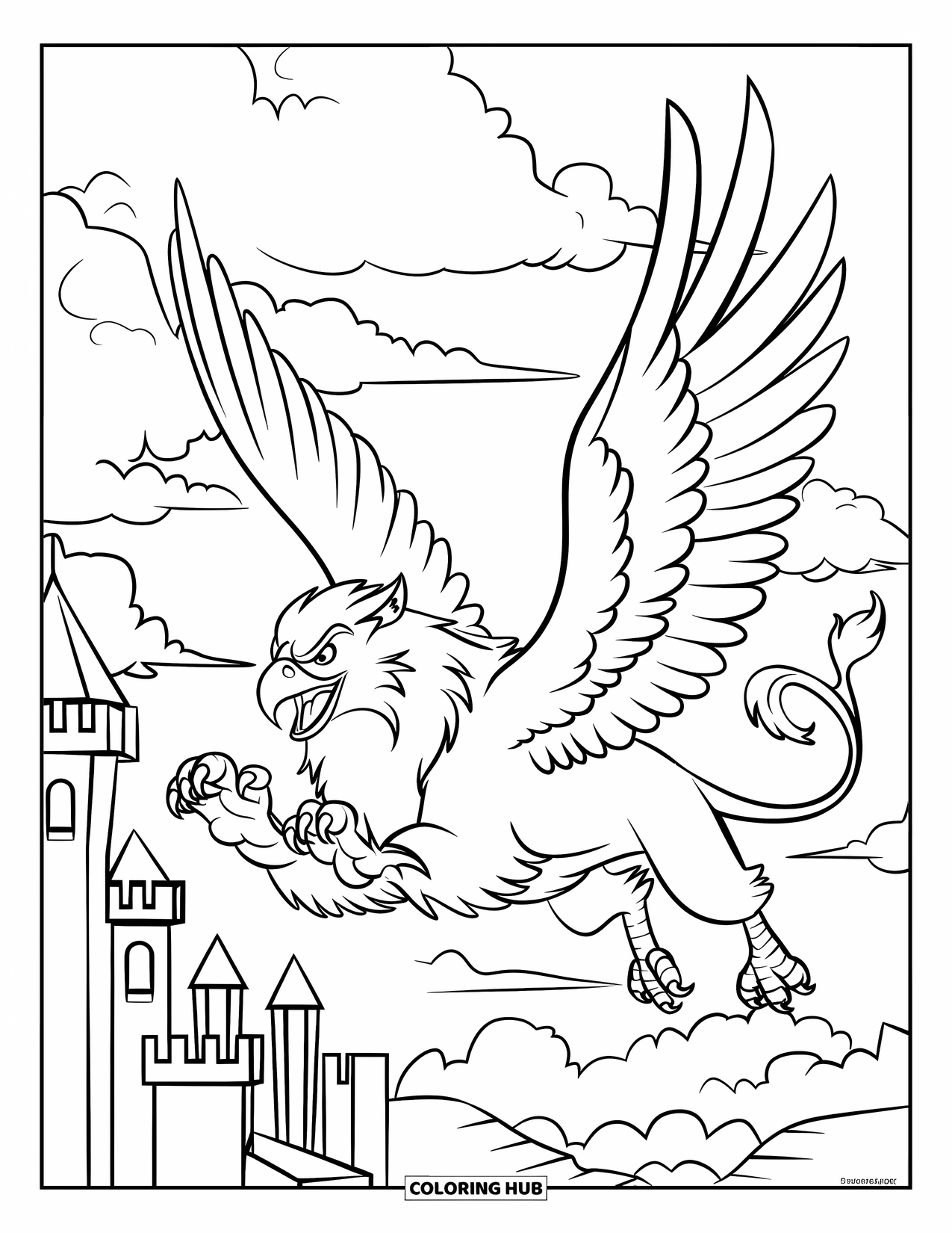 Griffin Coloring Page for Kids: A griffin soars above castle towers, wings wide and claws ready