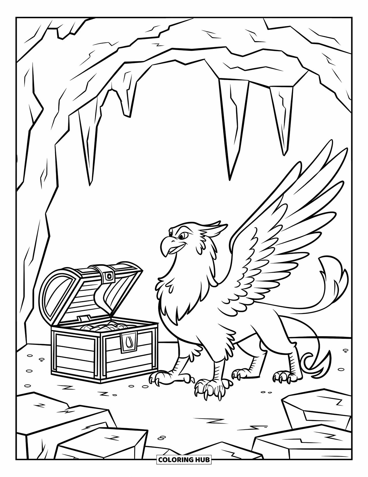 Griffin Coloring Page for Kids: A griffin stands by a rusty chest in a dark, stone-filled cave