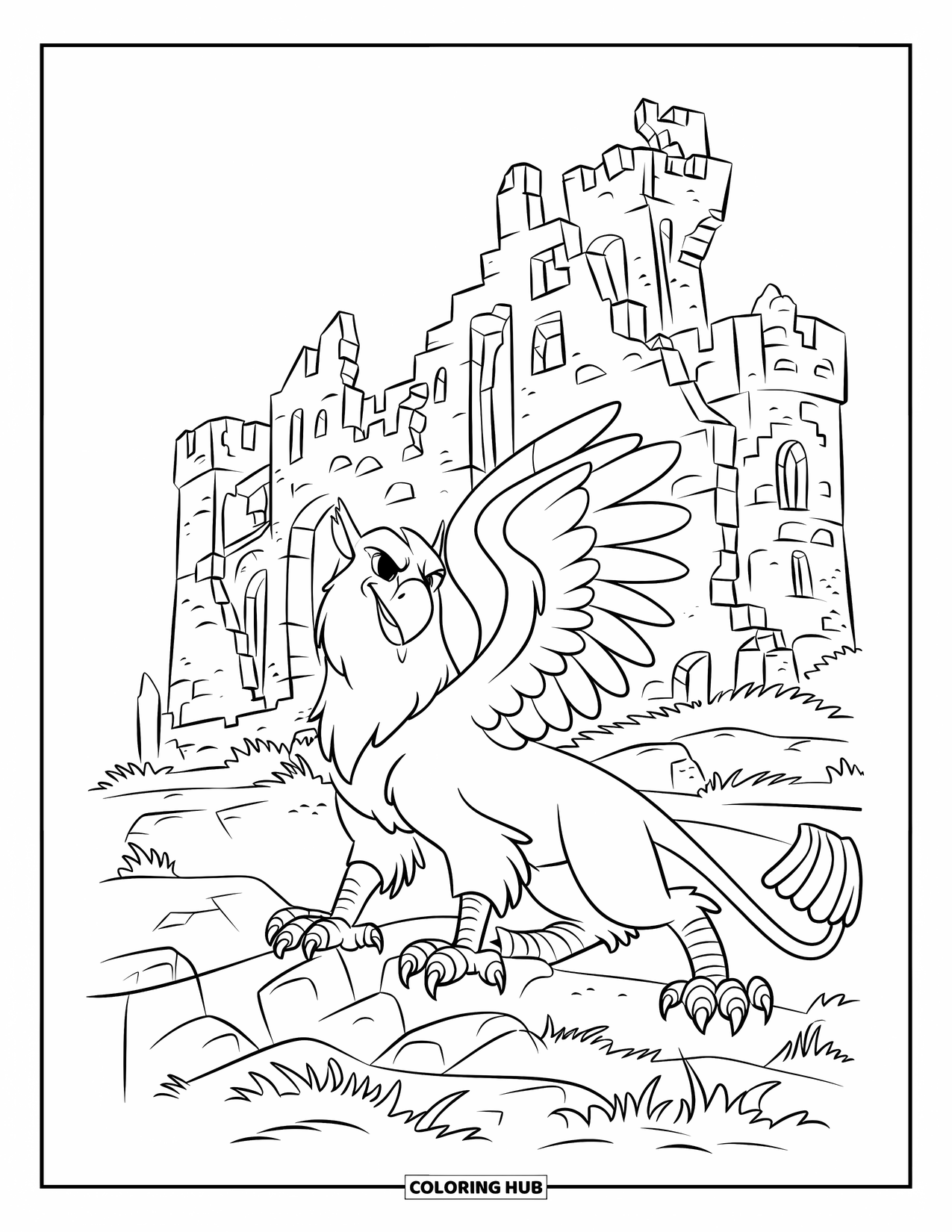 Griffin Coloring Page for Kids: A griffin stands near broken towers on rocky ground