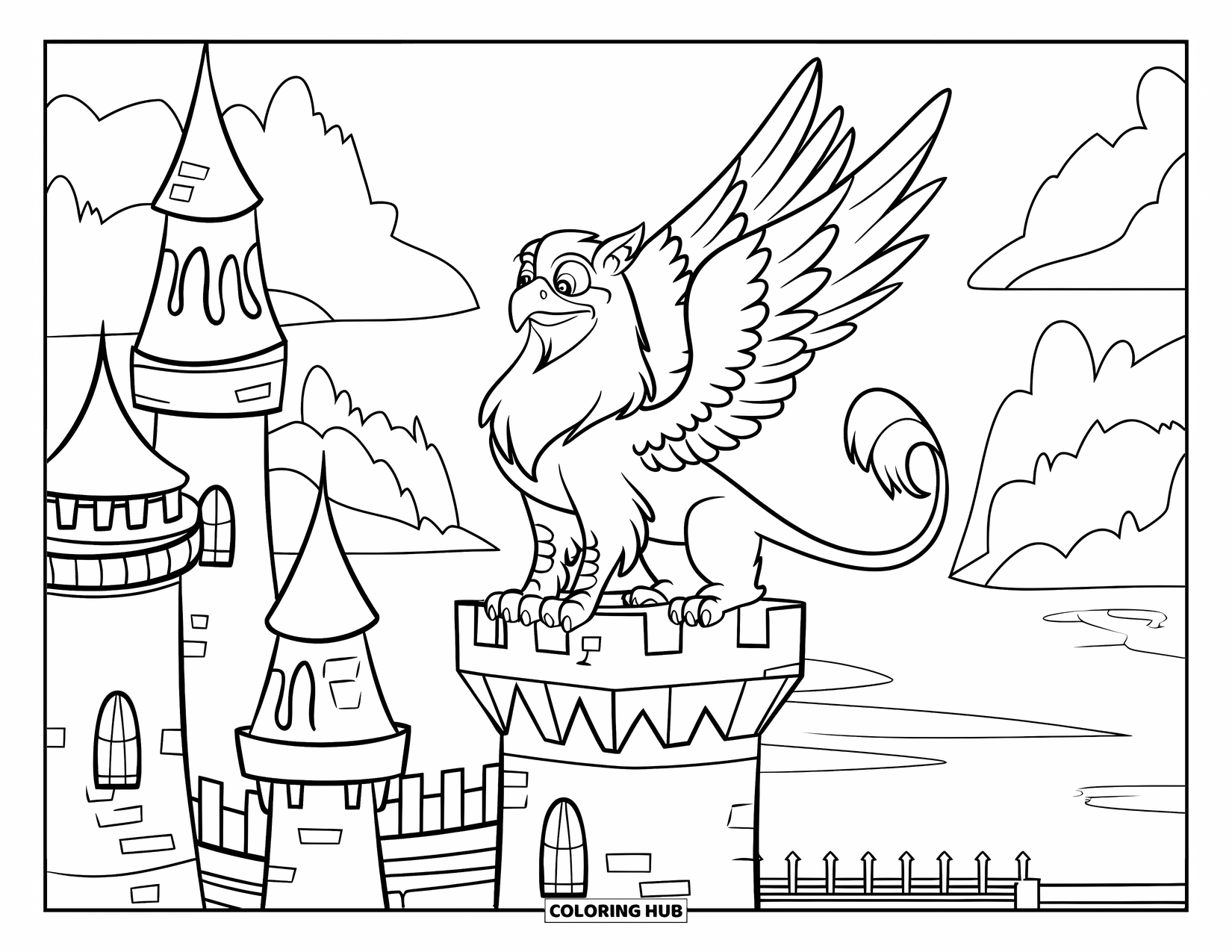 Griffin Coloring Page for Kids: A griffin wraps its tail around a tower near trees and water