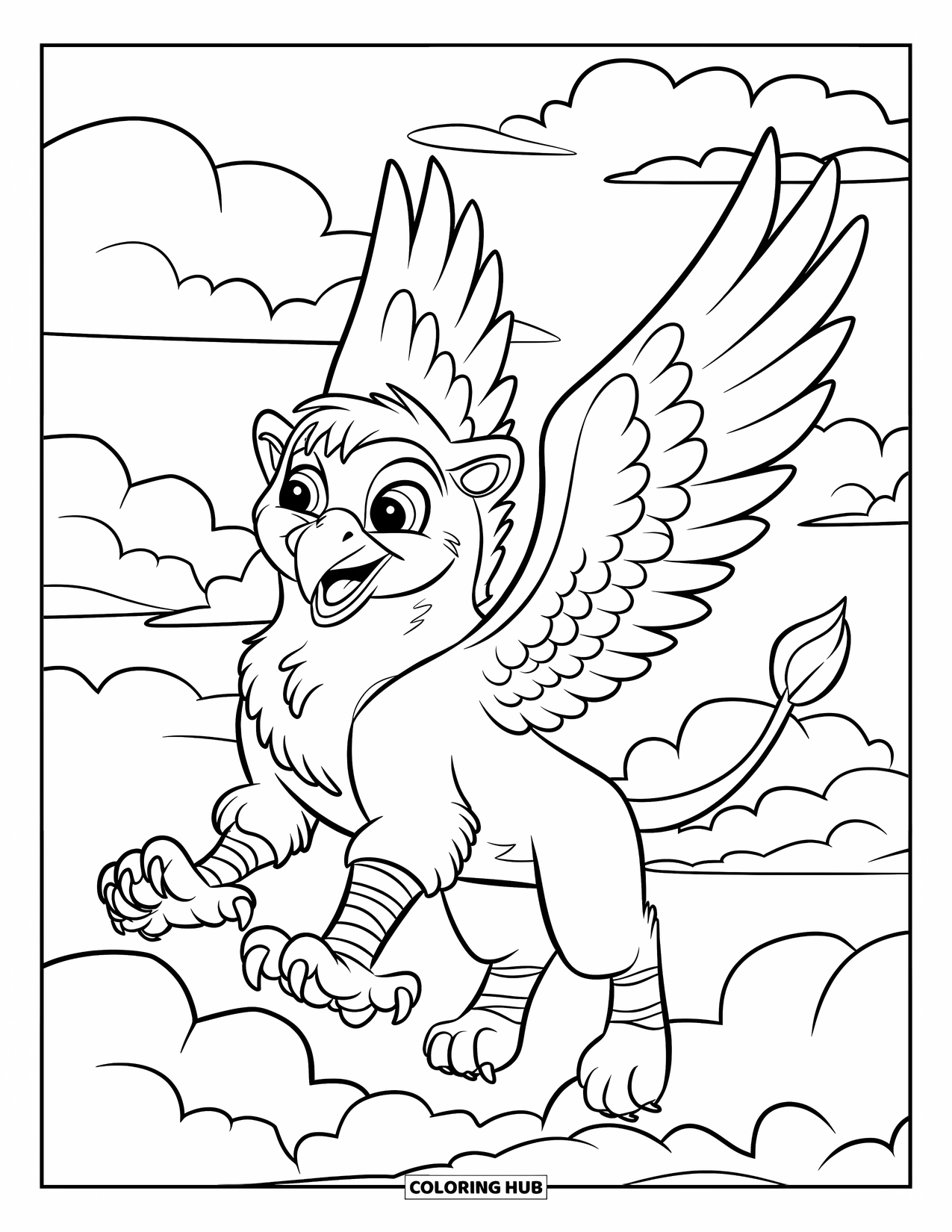 Griffin Coloring Page for Kids: A happy griffin flaps its wings high above soft, fluffy clouds