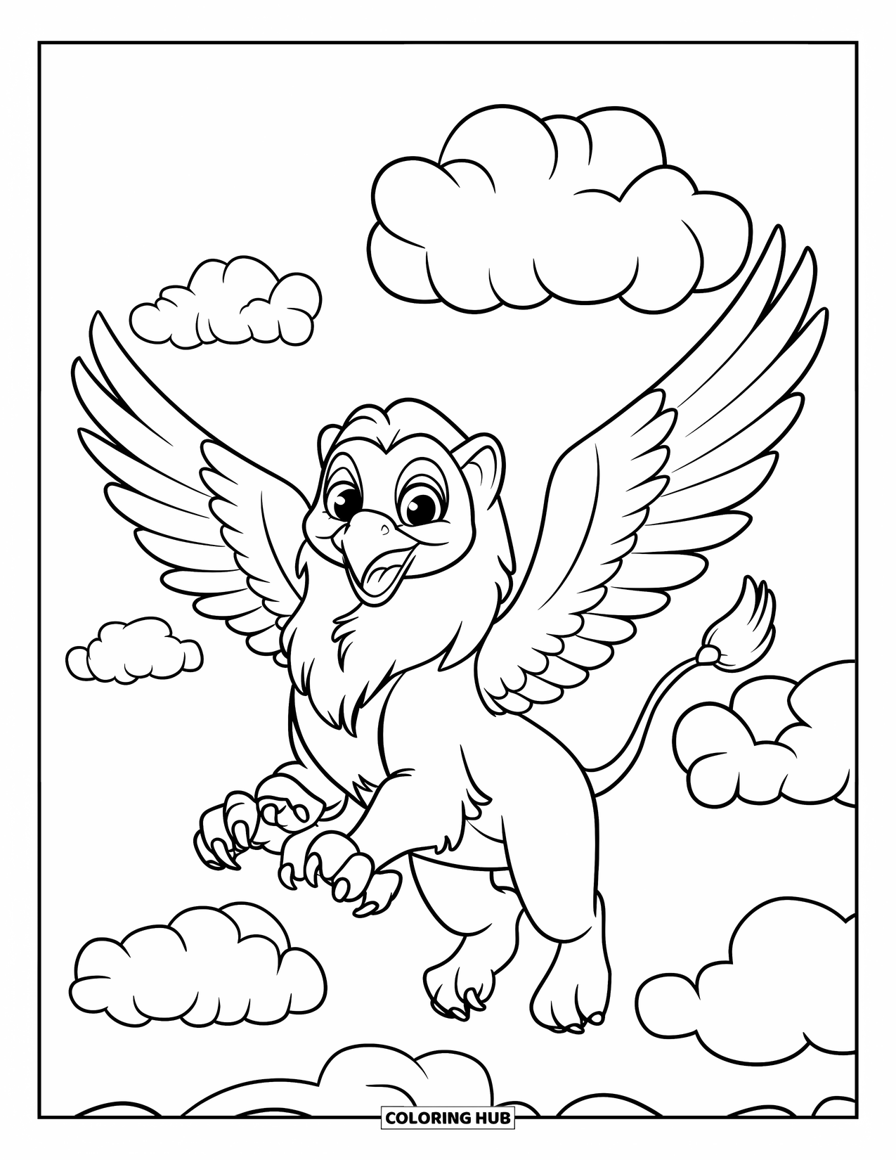 Griffin Coloring Page for Kids: A happy griffin glides above cotton candy clouds in a peaceful sky