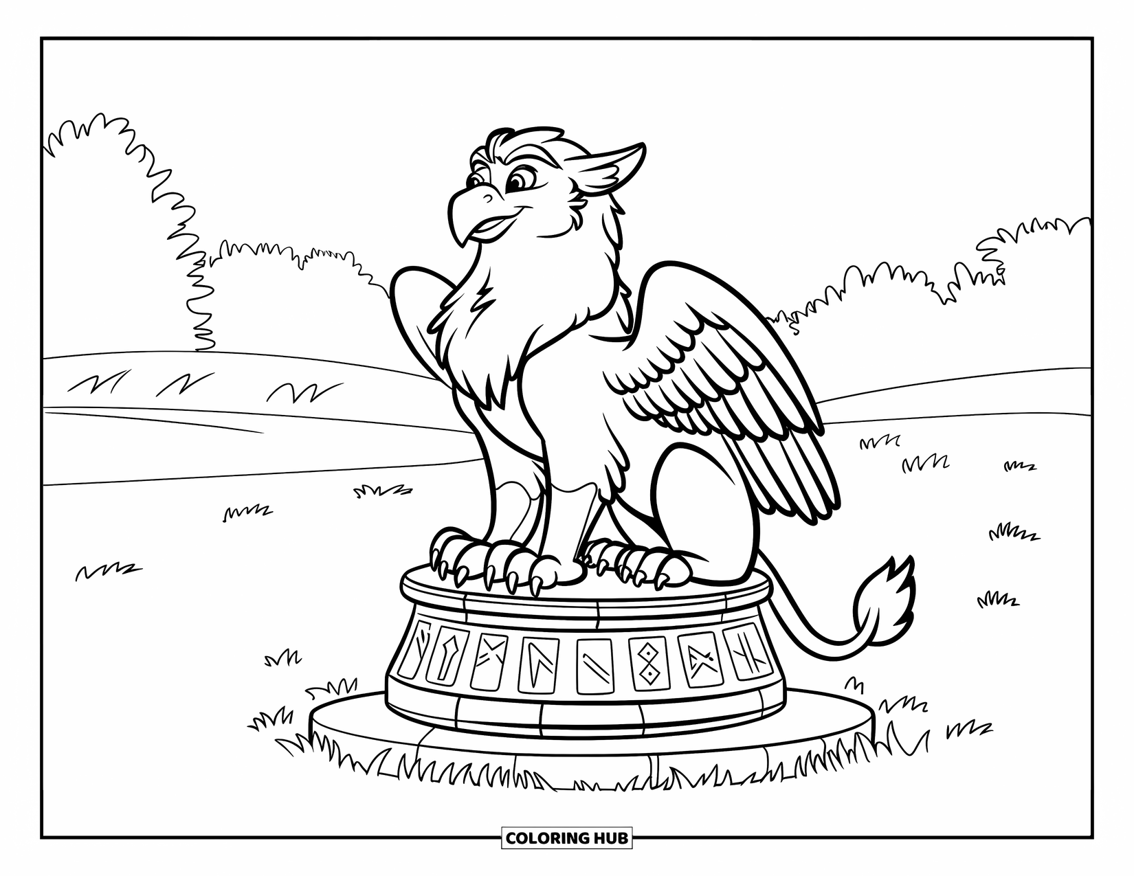 Griffin Coloring Page for Kids: A majestic griffin sits on a rune stone in an open grassy space