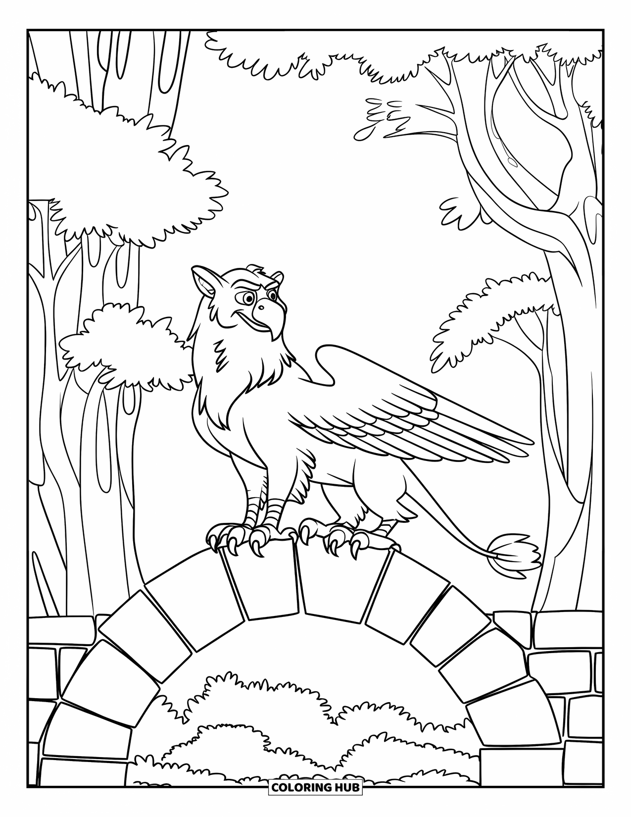 Griffin Coloring Page for Kids: A noble griffin perches on a stone arch overlooking the forest