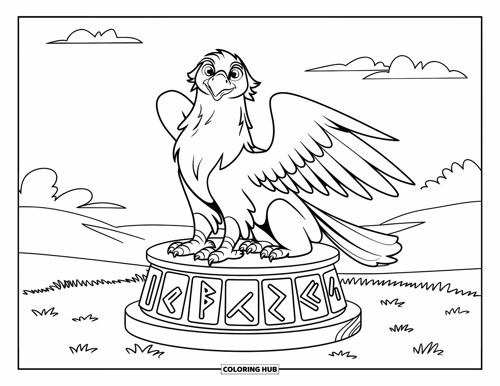Griffin Coloring Page for Kids: A peaceful griffin perches on a pedestal under a quiet sky