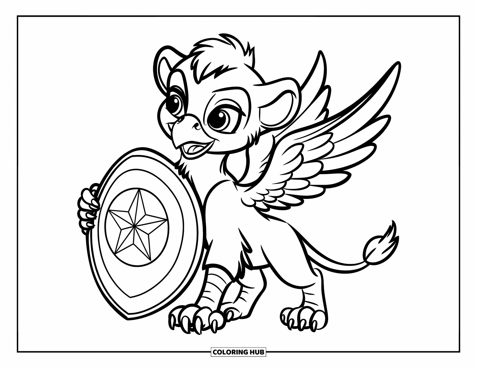 Griffin Coloring Page for Kids: A playful griffin holds a star-shaped shield with both front paws
