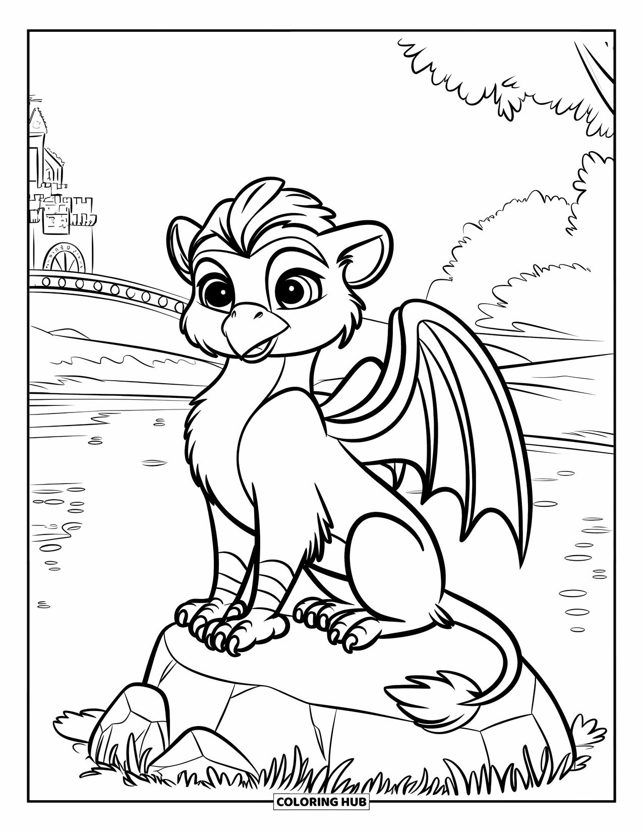 Griffin Coloring Page for Kids: A playful griffin rests on a rock by a lake and castle