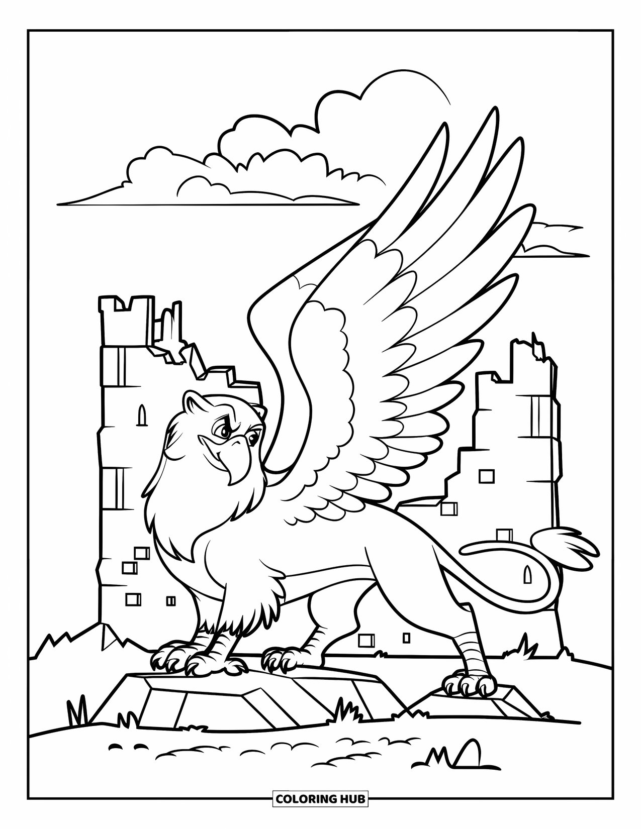 Griffin Coloring Page for Kids: A proud griffin stands near a crumbled castle under cloudy skies