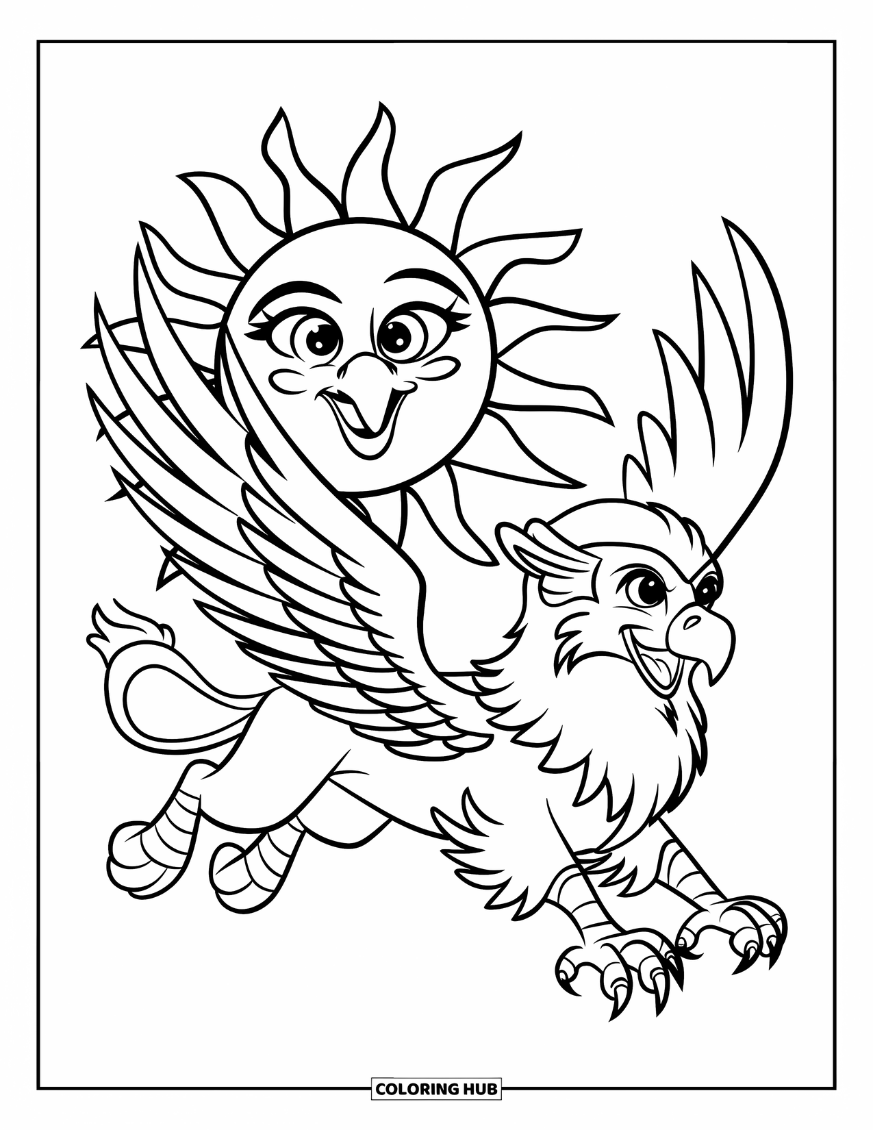 Griffin Coloring Page for Kids: A soaring griffin flies next to a sun with a joyful face