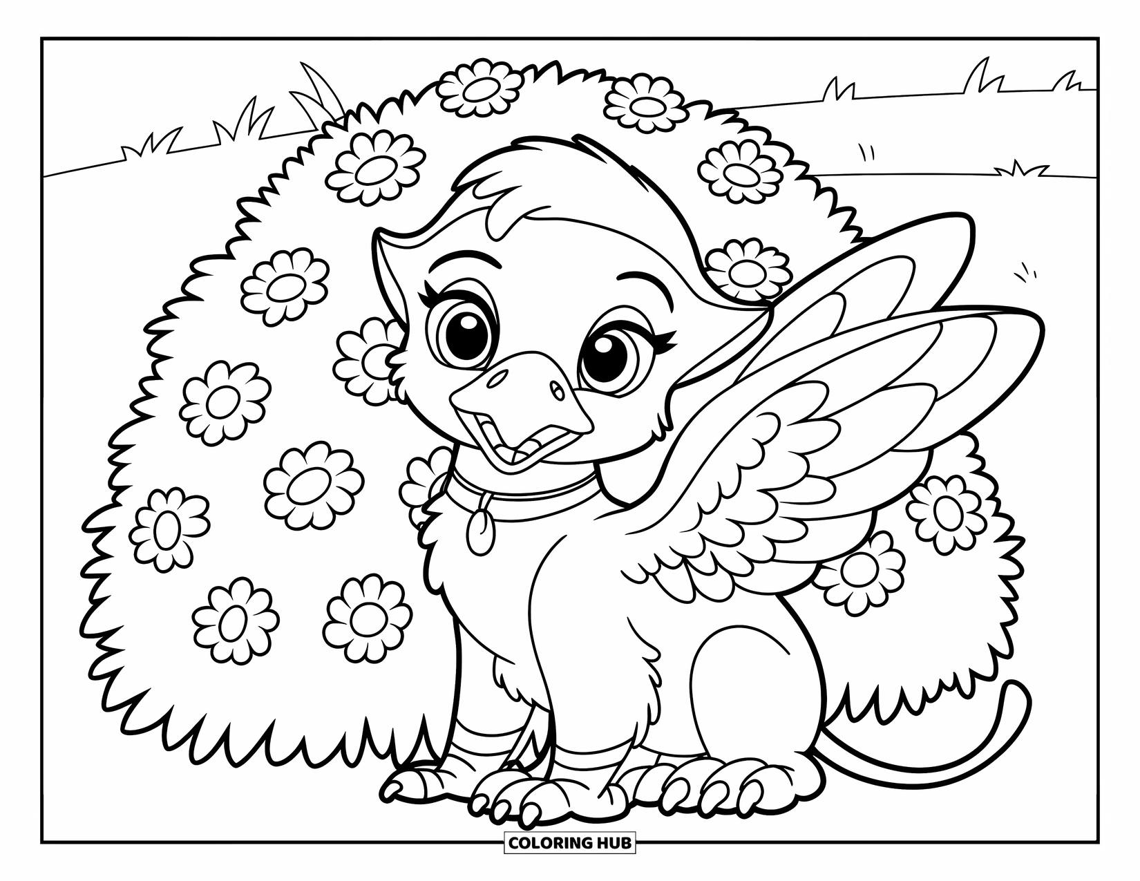 Griffin Coloring Page for Kids: A sweet baby griffin with wings sits beside bright blooming flowers