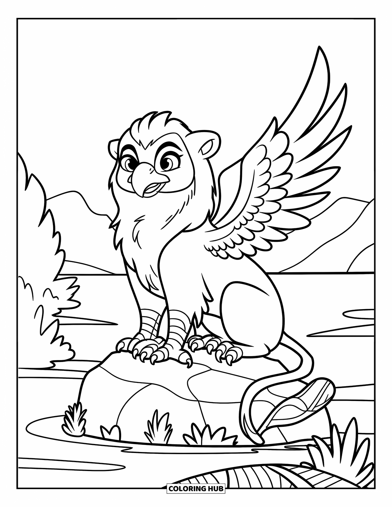 Griffin Coloring Page for Kids: A sweet griffin sits near water and plants with distant mountains behind