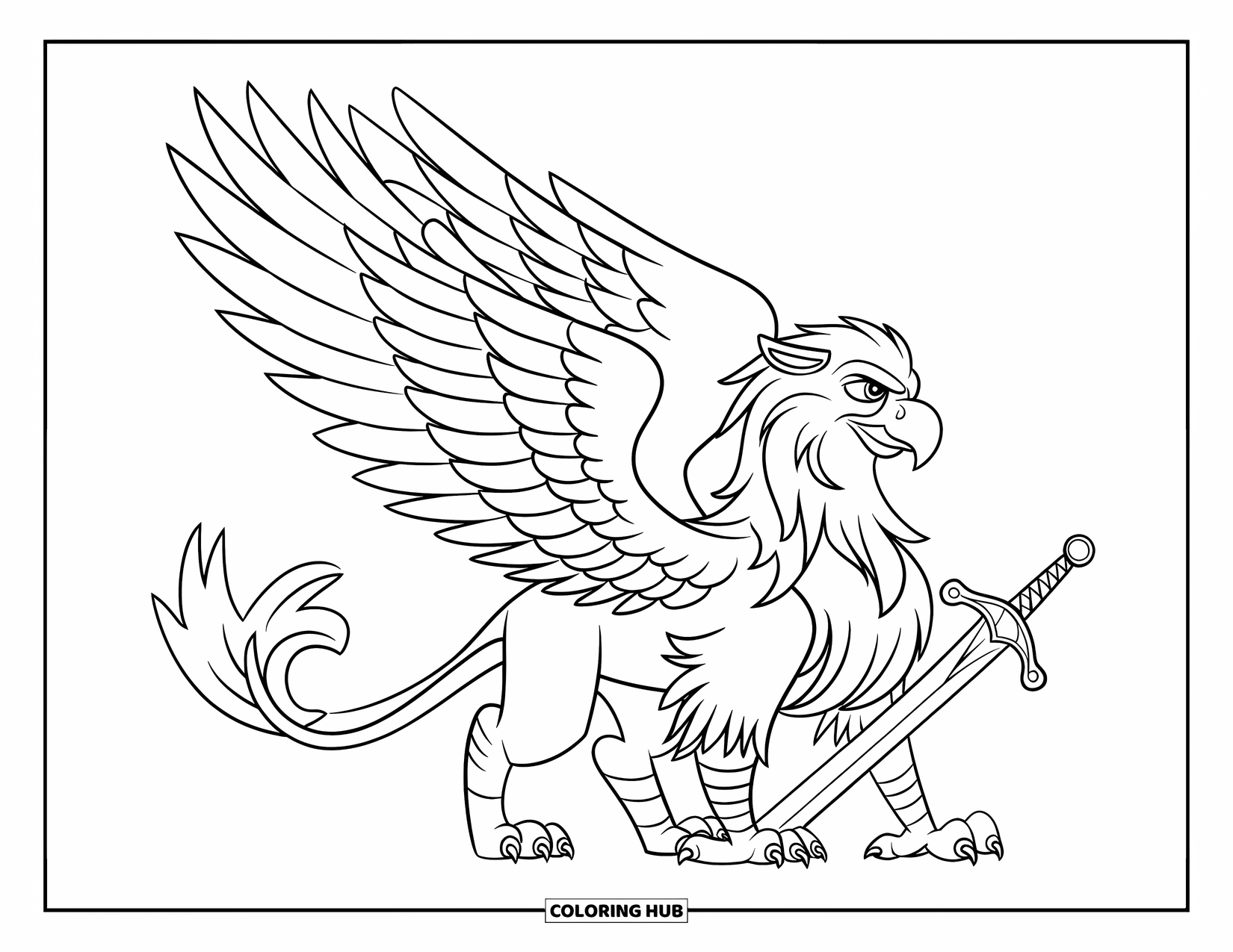 Griffin Coloring Page for Kids: A sword-wielding griffin stands tall with an intricate hilt in focus