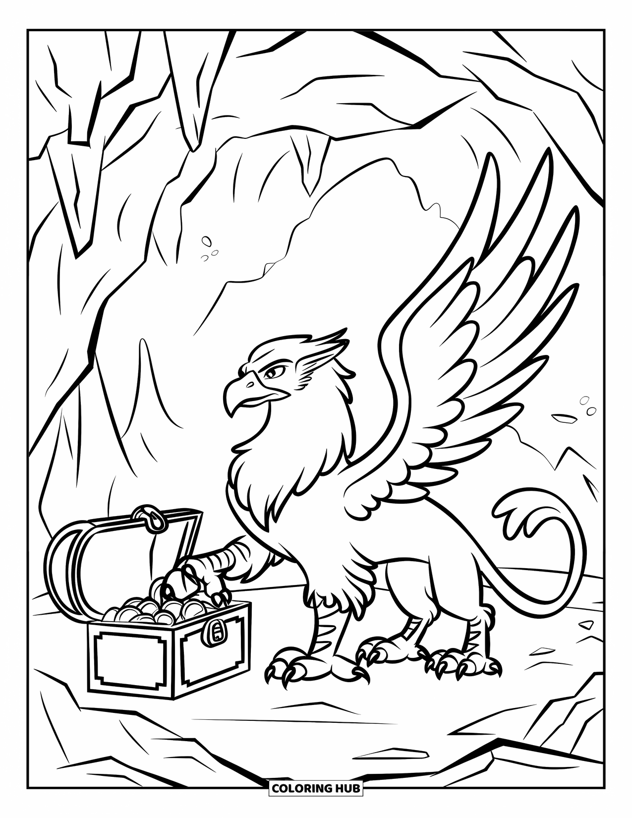 Griffin Coloring Page for Kids: A vigilant griffin watches over treasure in a cave with rocky walls