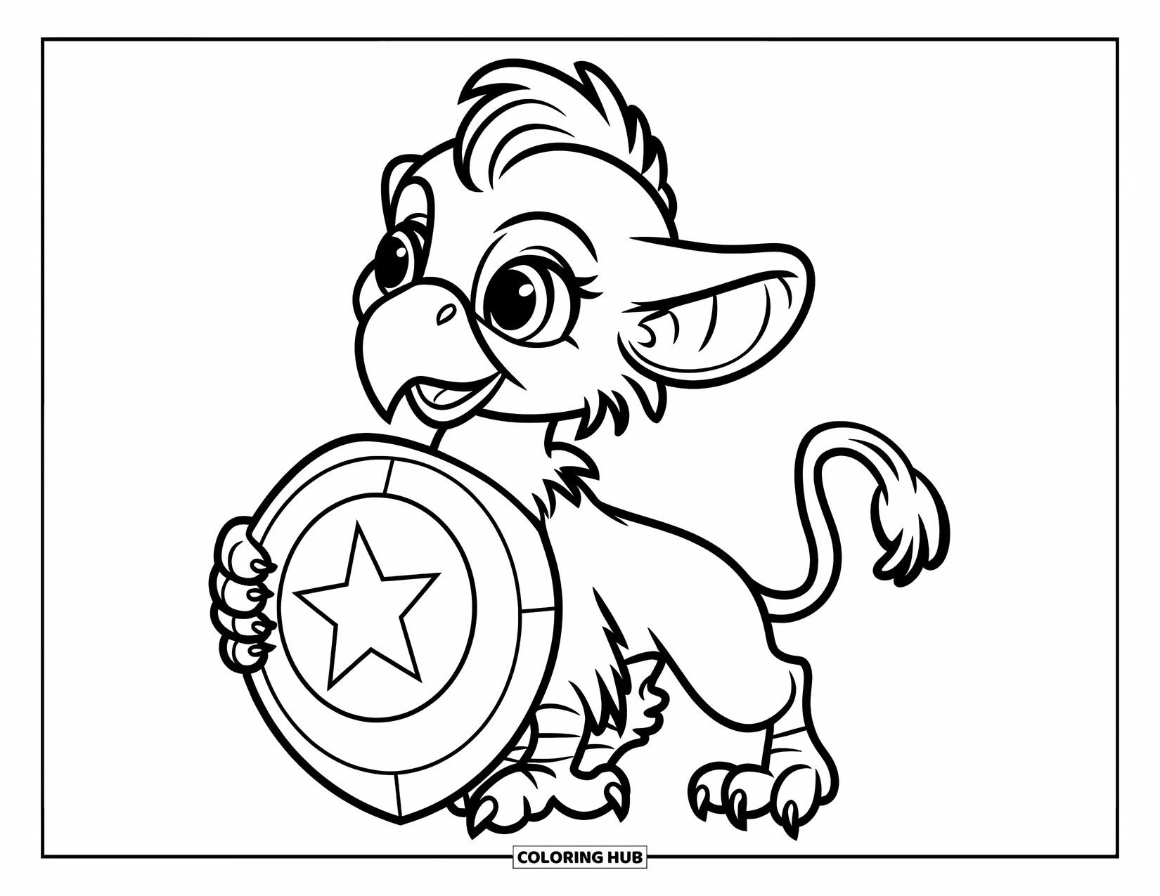 Griffin Coloring Page for Kids: A young griffin holds a shield with a star on a blank background
