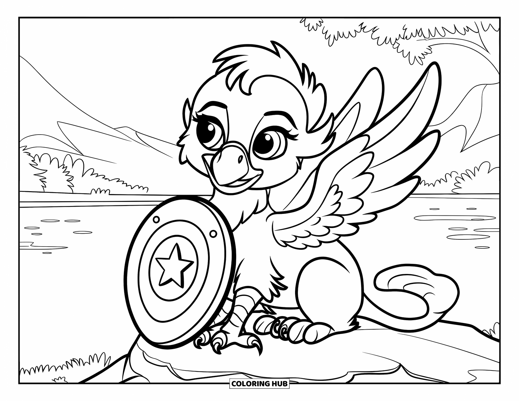Griffin Coloring Page for Kids: A young griffin proudly holds a shield while sitting by water and trees