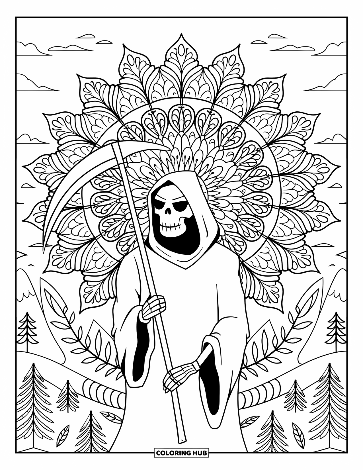 Grim Reaper Coloring Page for Adults: A full botanical mandala blooms behind the Reaper with a mountain view