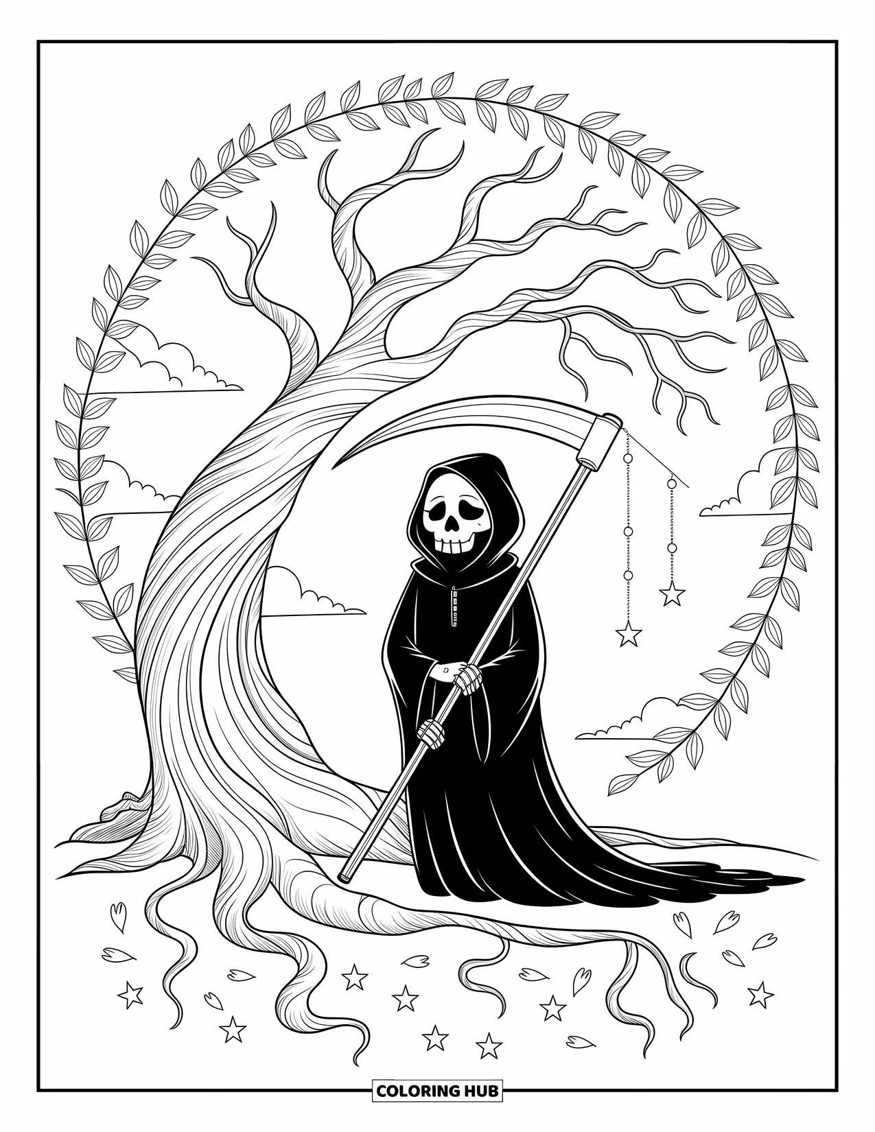 Grim Reaper Coloring Page for Adults: A giant tree with dangling stars and petals shelters the Reaper and their scythe