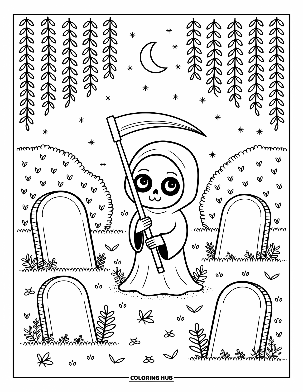 Grim Reaper Coloring Page for Adults: A peaceful graveyard surrounds the Reaper, dotted with flowers and soft willow trees
